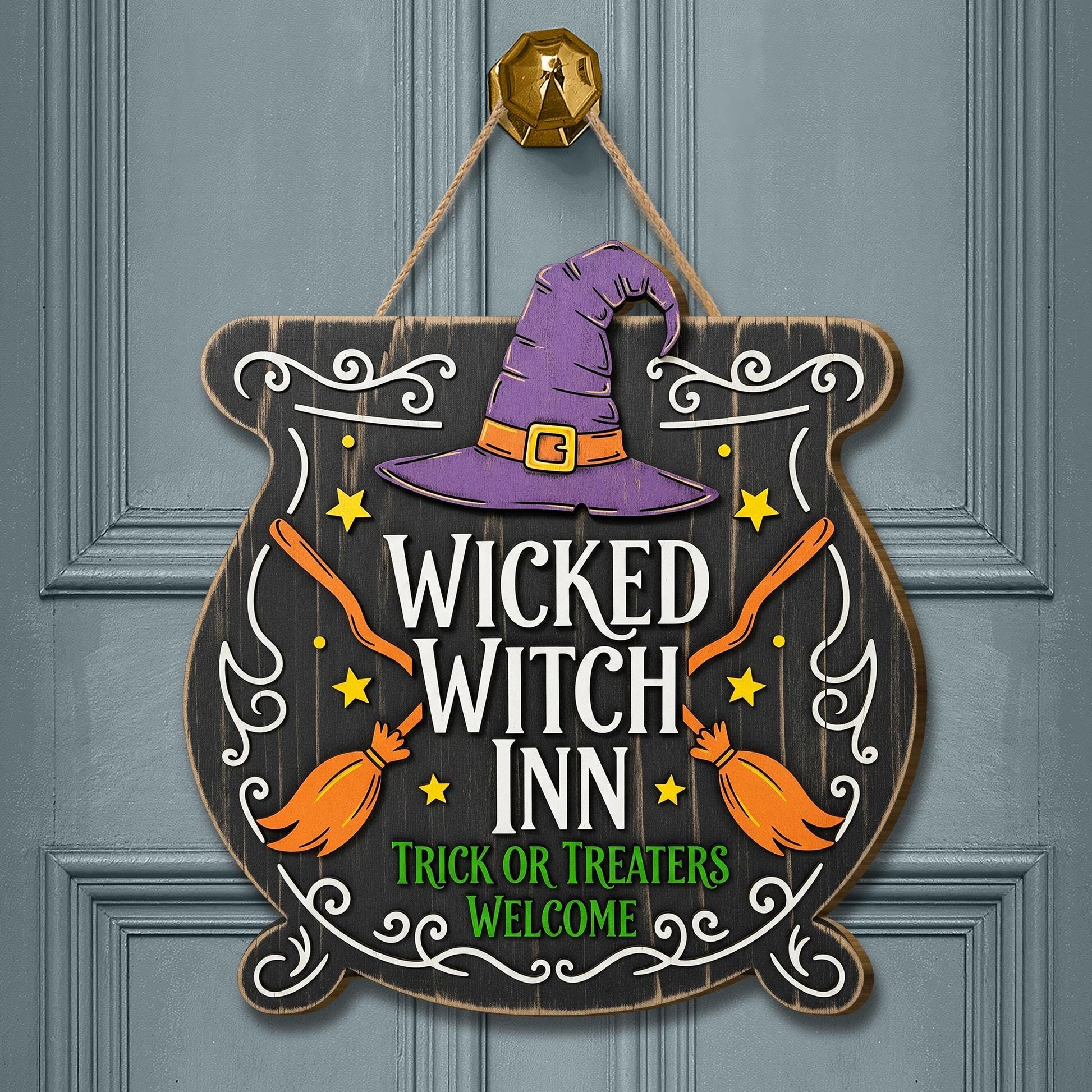 Wicked Witch Inn Sign, Halloween Cauldron Door Hanger, Spooky Front Door Decor, Trick or Treaters Welcome Wreath, Witchy Porch Sign
