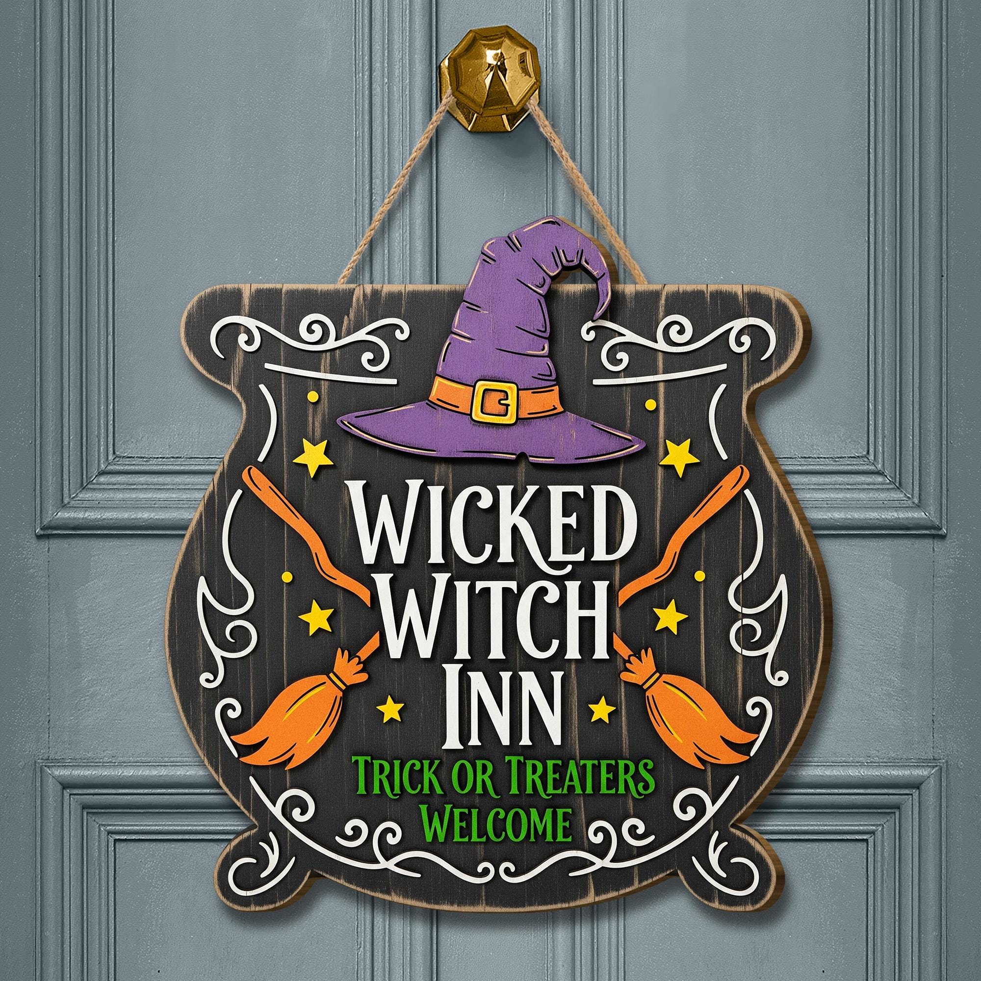 Wicked Witch Inn Sign, Halloween Cauldron Door Hanger, Spooky Front Door Decor, Trick or Treaters Welcome Wreath, Witchy Porch Sign