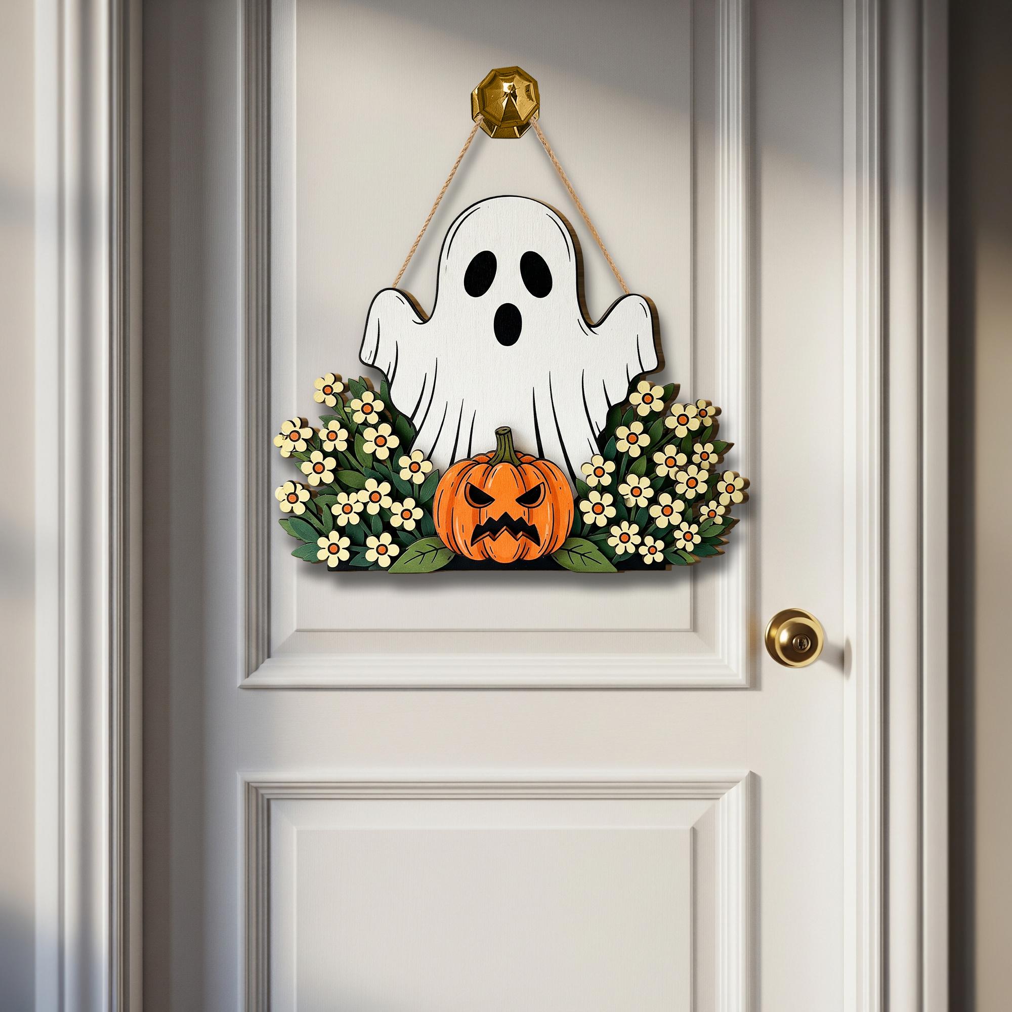 Ghost in Flowers Door Hanger, Spooky Floral Halloween Decor, Wooden Pumpkin Sign, Cottagecore Front Door Wreath, Cute Ghost Wall Art