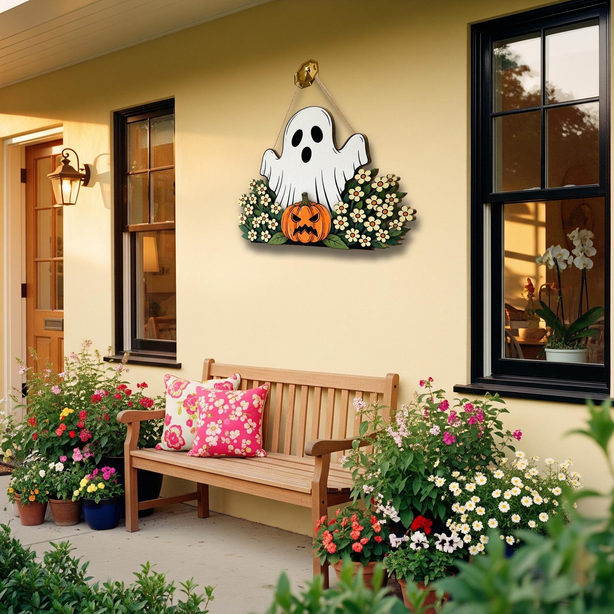 Ghost in Flowers Door Hanger, Spooky Floral Halloween Decor, Wooden Pumpkin Sign, Cottagecore Front Door Wreath, Cute Ghost Wall Art
