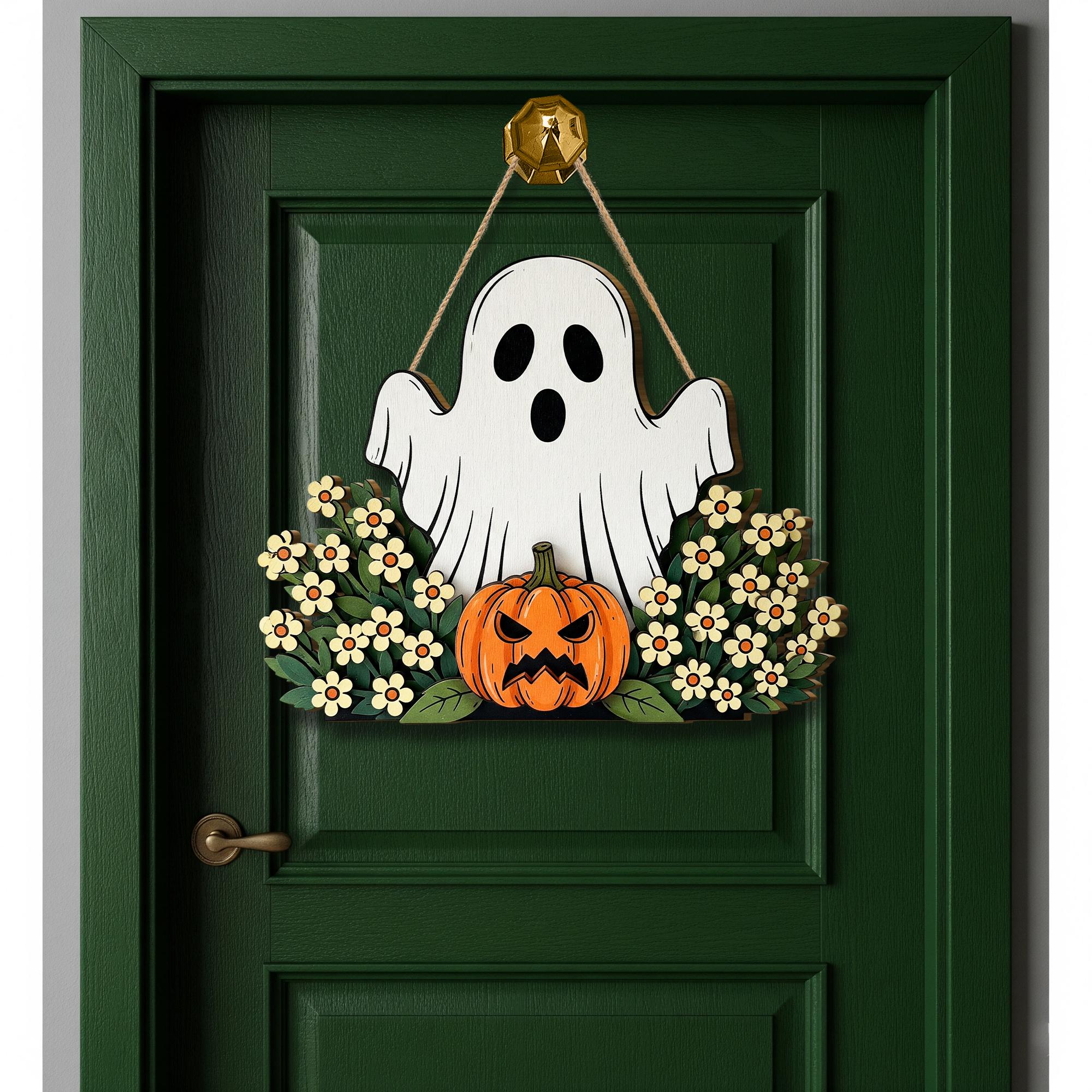Ghost in Flowers Door Hanger, Spooky Floral Halloween Decor, Wooden Pumpkin Sign, Cottagecore Front Door Wreath, Cute Ghost Wall Art