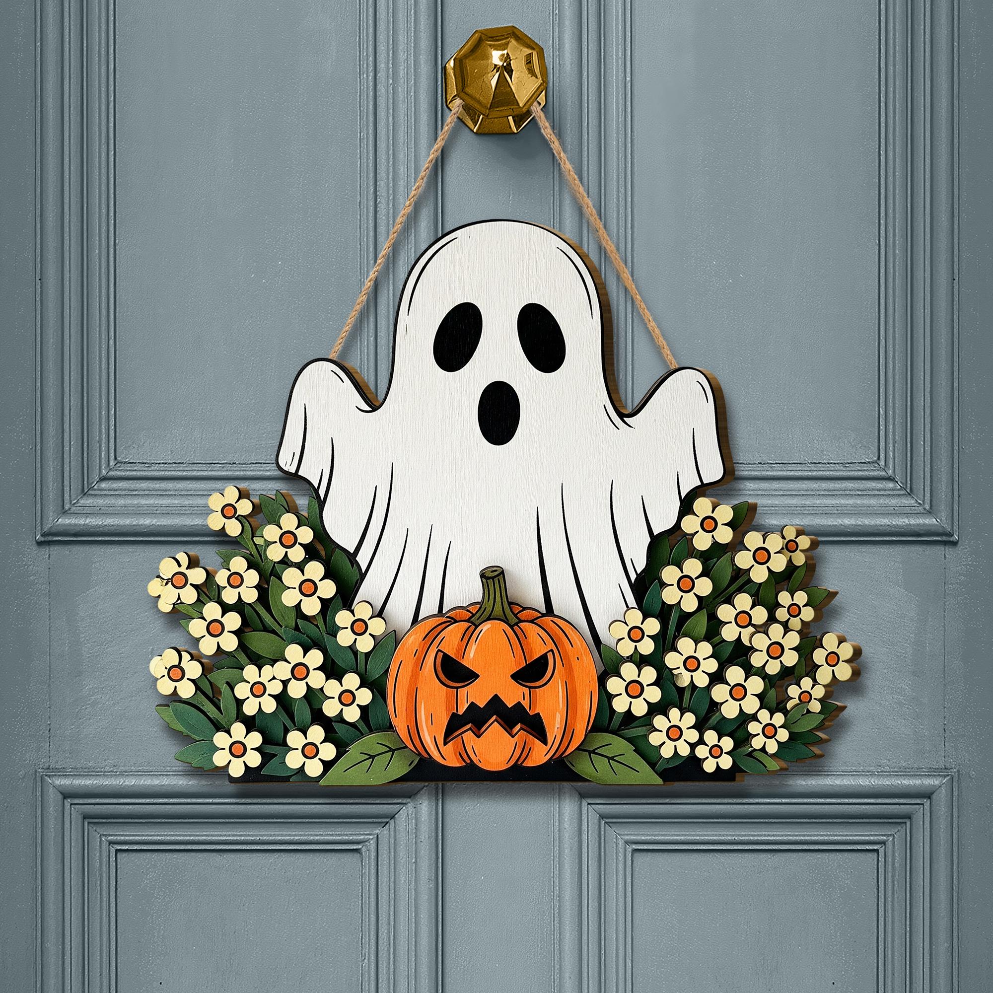 Ghost in Flowers Door Hanger, Spooky Floral Halloween Decor, Wooden Pumpkin Sign, Cottagecore Front Door Wreath, Cute Ghost Wall Art