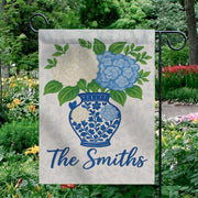 Personalized Garden Flag with Hydrangea Flowers – Custom Family Name Chinoiserie Vase Yard Sign – Outdoor Decor – Blue Floral Welcome Flag