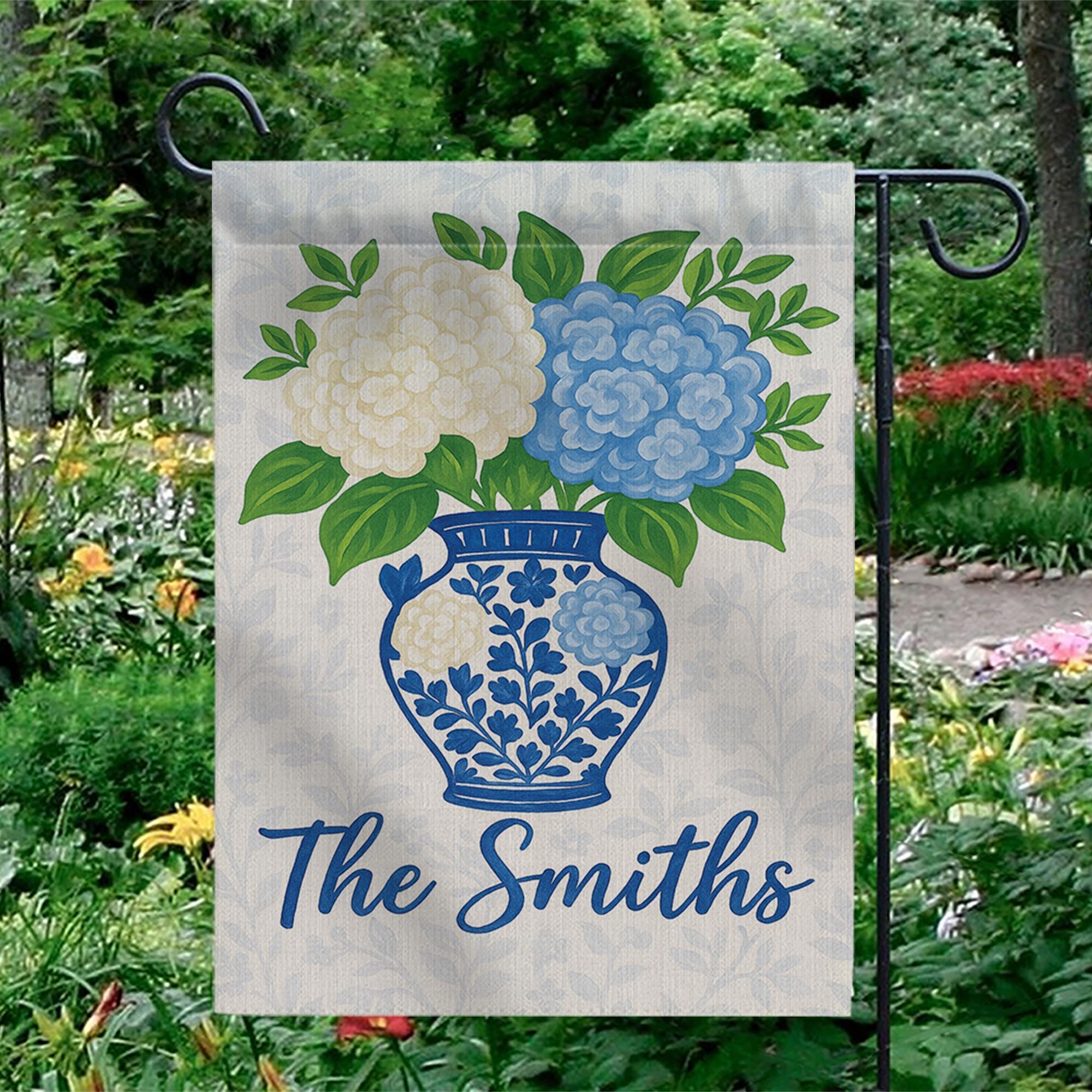 Personalized Garden Flag with Hydrangea Flowers – Custom Family Name Chinoiserie Vase Yard Sign – Outdoor Decor – Blue Floral Welcome Flag