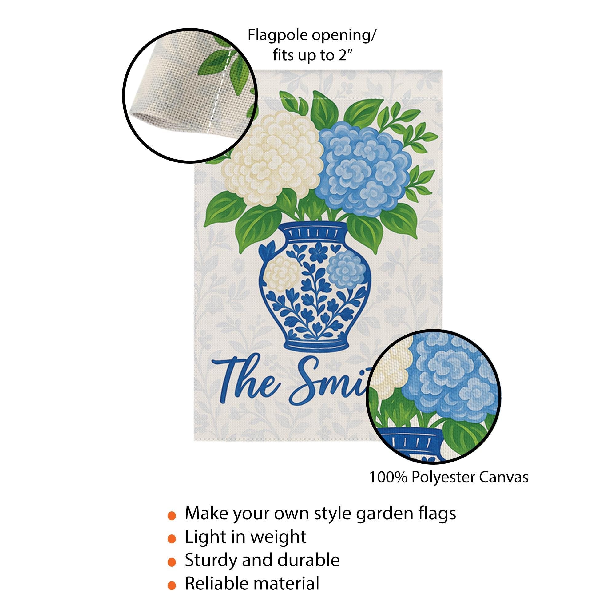 Personalized Garden Flag with Hydrangea Flowers – Custom Family Name Chinoiserie Vase Yard Sign – Outdoor Decor – Blue Floral Welcome Flag