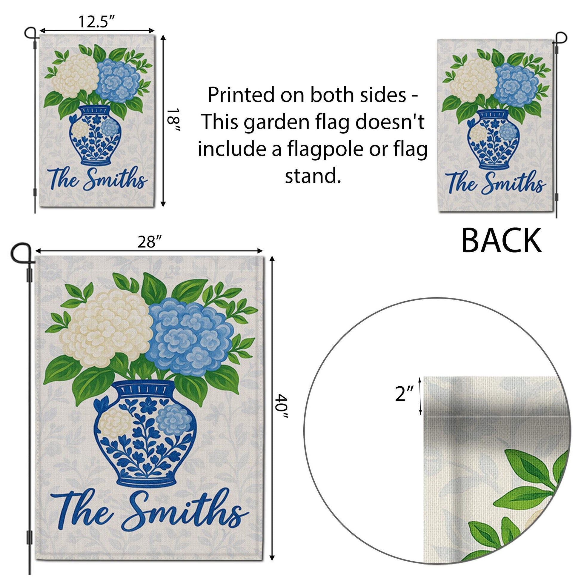 Personalized Garden Flag with Hydrangea Flowers – Custom Family Name Chinoiserie Vase Yard Sign – Outdoor Decor – Blue Floral Welcome Flag