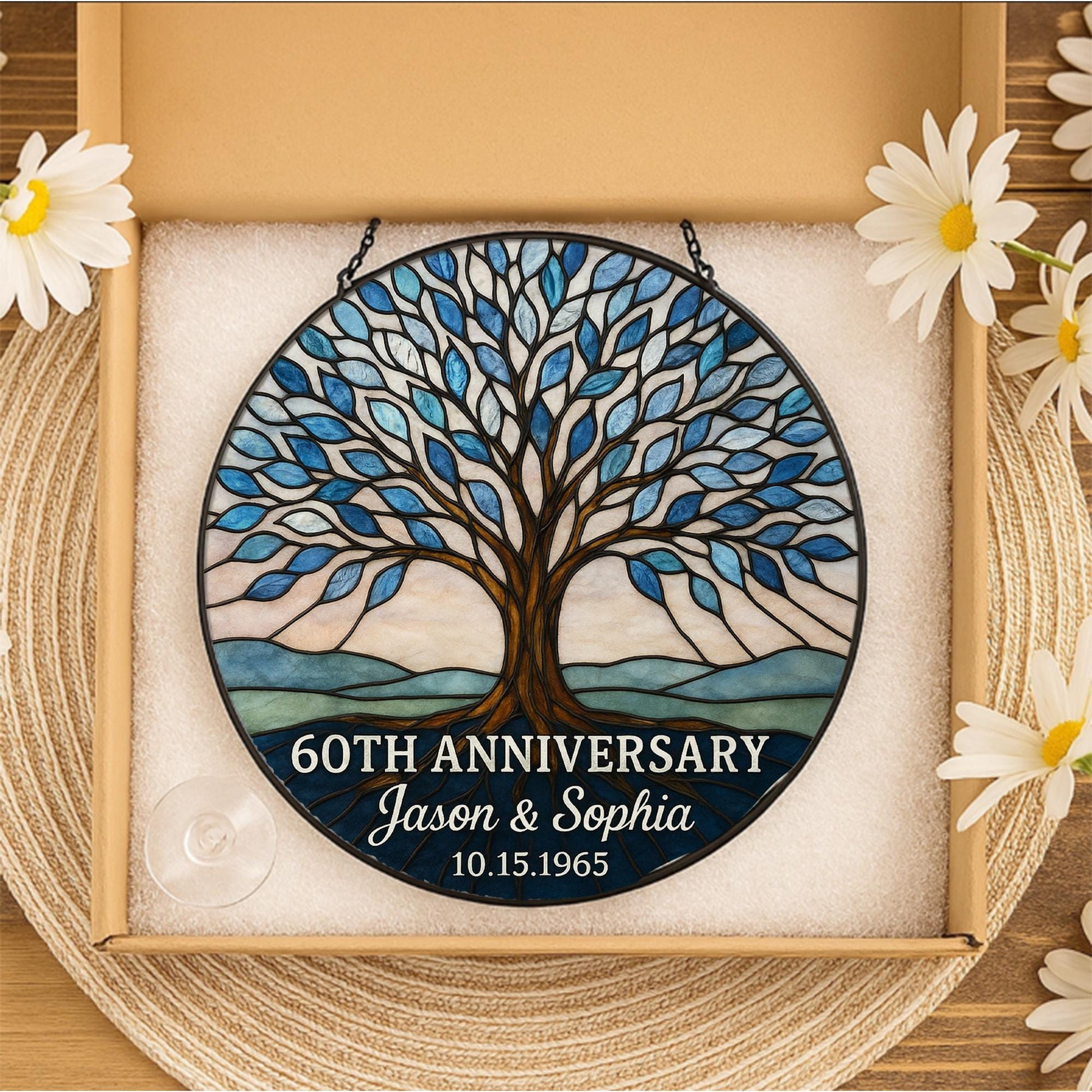 Custom Anniversary Tree Suncatcher, Personalized Glass Gift, Family Tree Sun Catcher, 60th Anniversary Gift for Parents