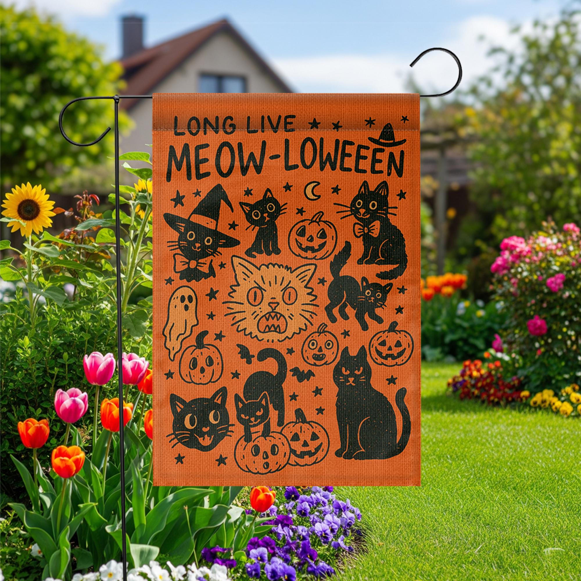 Meowloween Garden Flag, Halloween Cat Yard Flag, Cute Black Cat Pumpkin Outdoor Decor, Funny Spooky Fall Porch Decoration