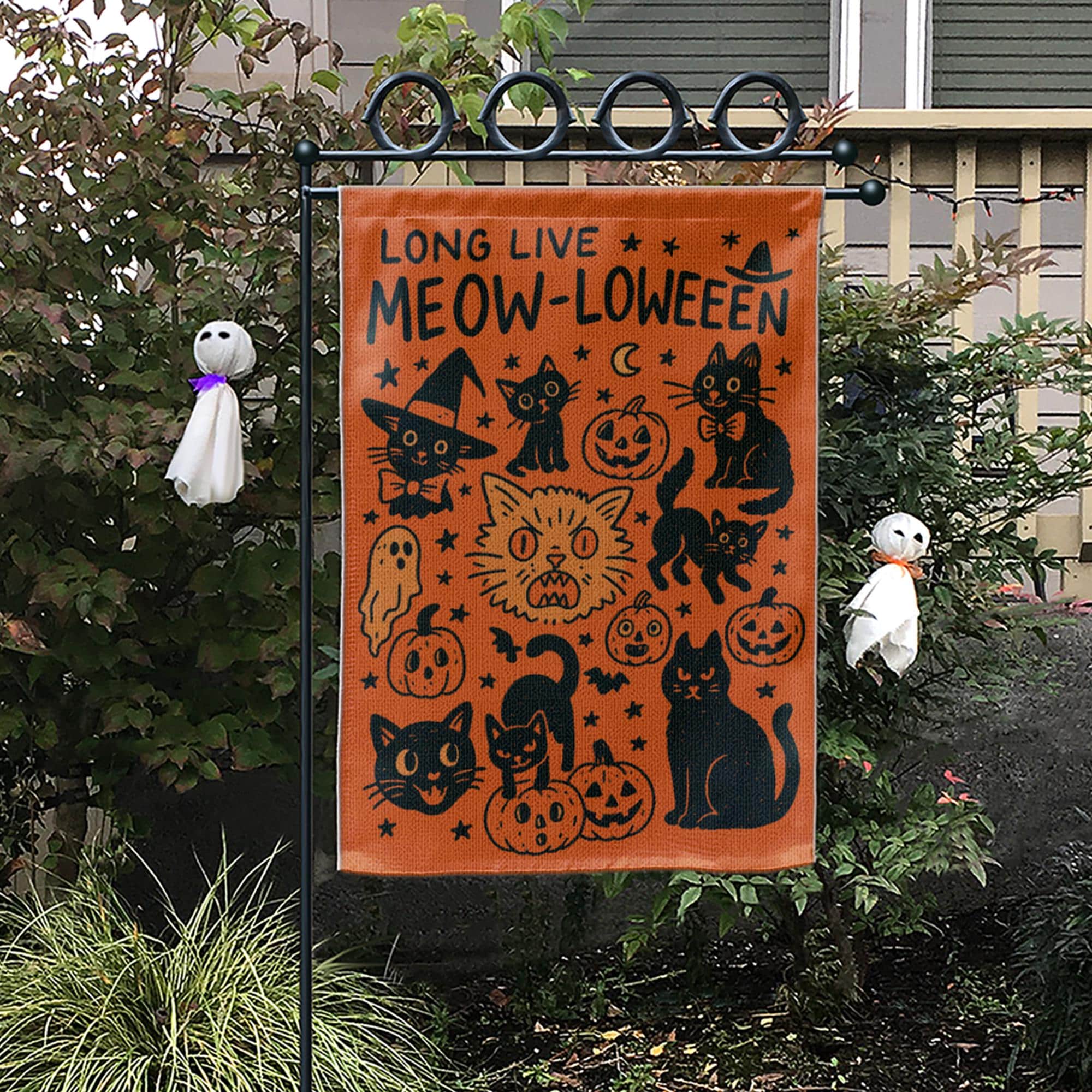 Meowloween Garden Flag, Halloween Cat Yard Flag, Cute Black Cat Pumpkin Outdoor Decor, Funny Spooky Fall Porch Decoration