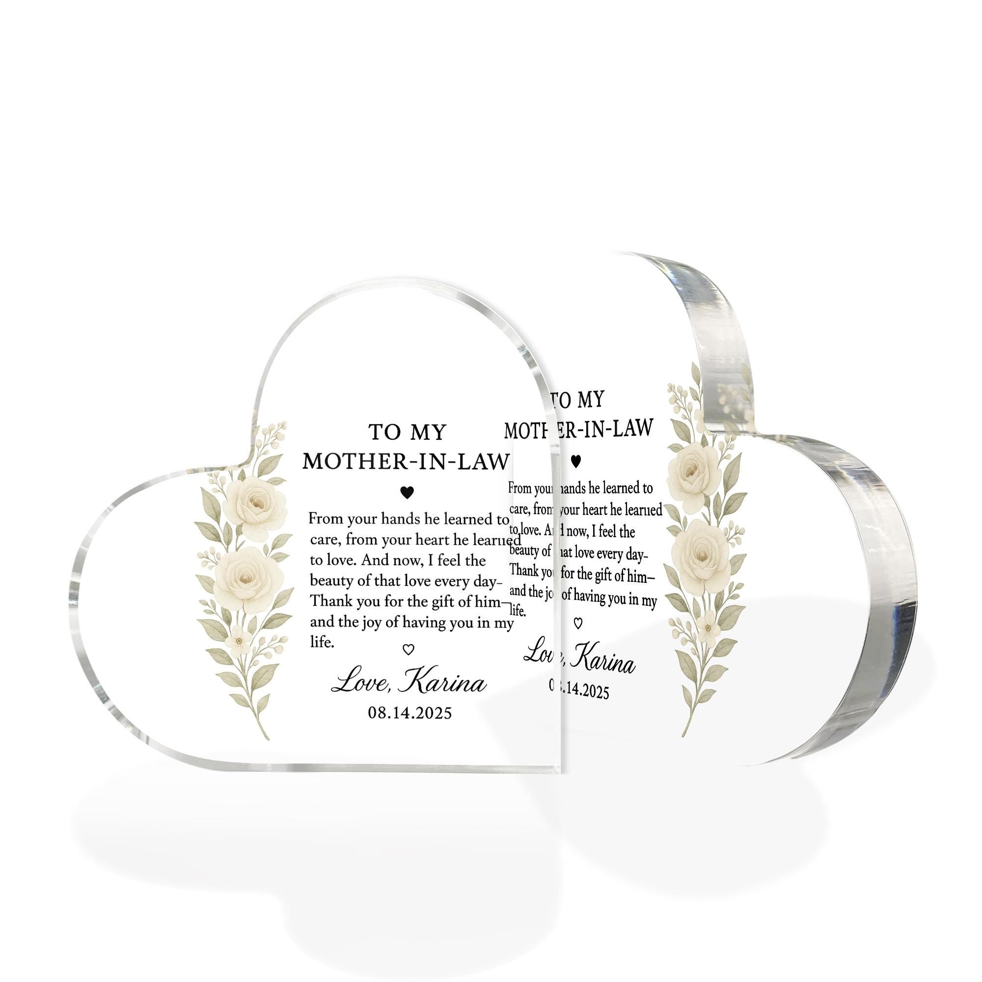 Mother-in-Law Gift from Bride, Heart Acrylic Keepsake Block, Wedding Day Thank You Gift, Personalized Floral Desk Decor