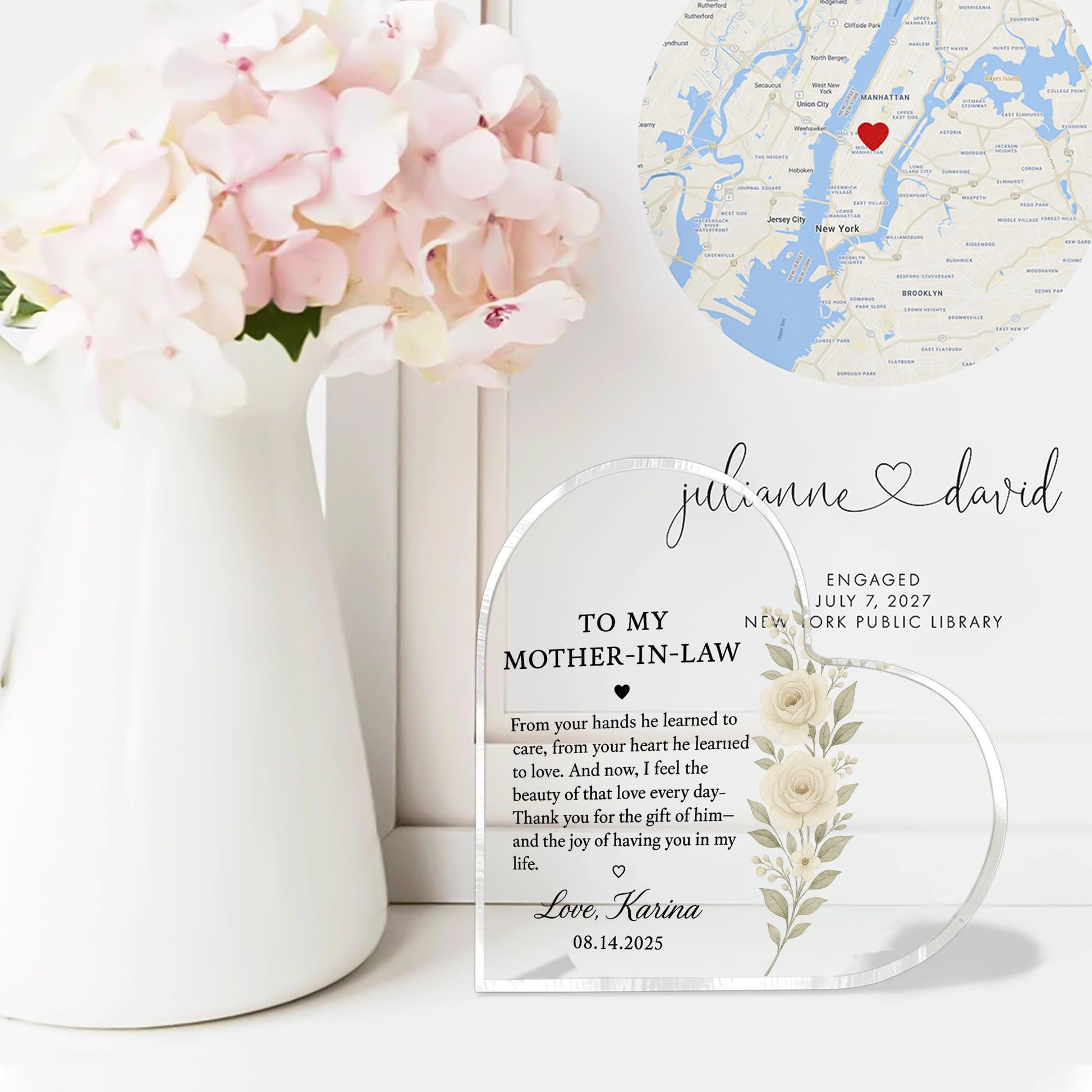 Mother-in-Law Gift from Bride, Heart Acrylic Keepsake Block, Wedding Day Thank You Gift, Personalized Floral Desk Decor