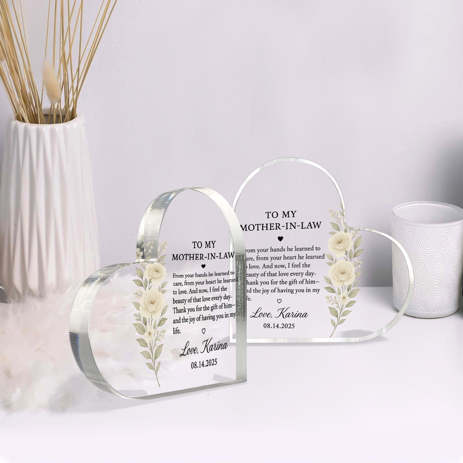 Mother-in-Law Gift from Bride, Heart Acrylic Keepsake Block, Wedding Day Thank You Gift, Personalized Floral Desk Decor