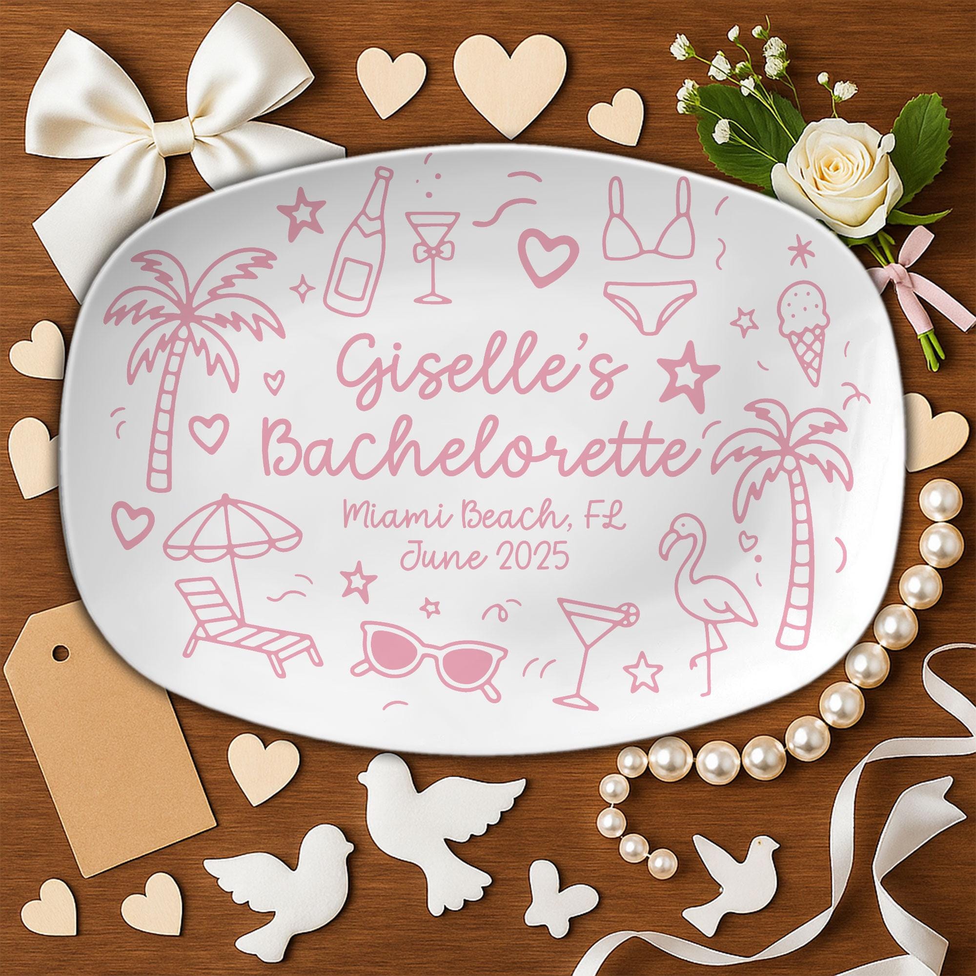 Personalized Beach Bachelorette Party Plate, Custom Miami Bridesmaid Gift, Bachelor Girls Trip Keepsake Decor, Tropical Bride To Be Favor