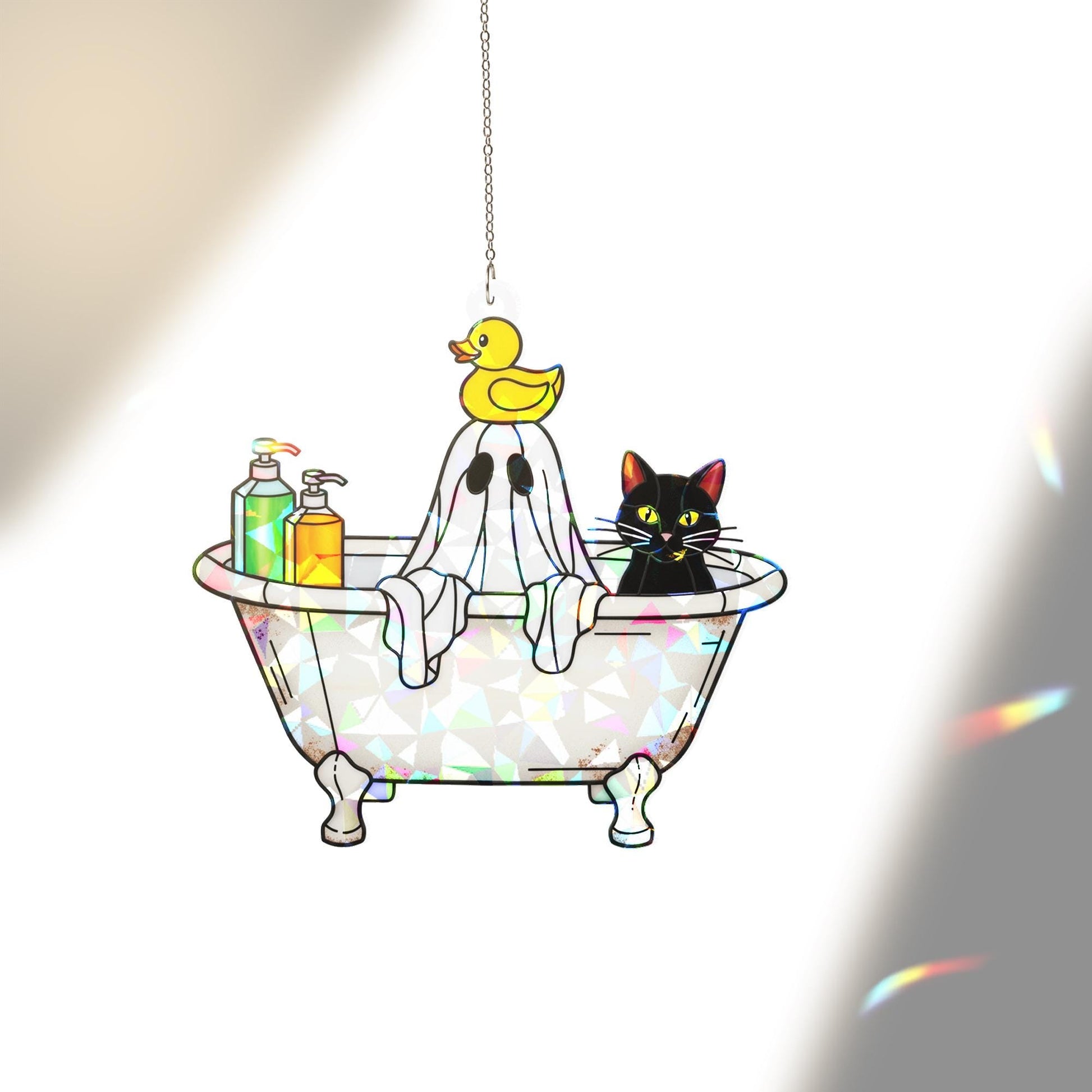 Halloween Ghost Bathtub Acrylic Suncatcher, Holographic Window Hanging, Cute Cat Ghost Decor, Spooky Bathroom Rainbow Maker