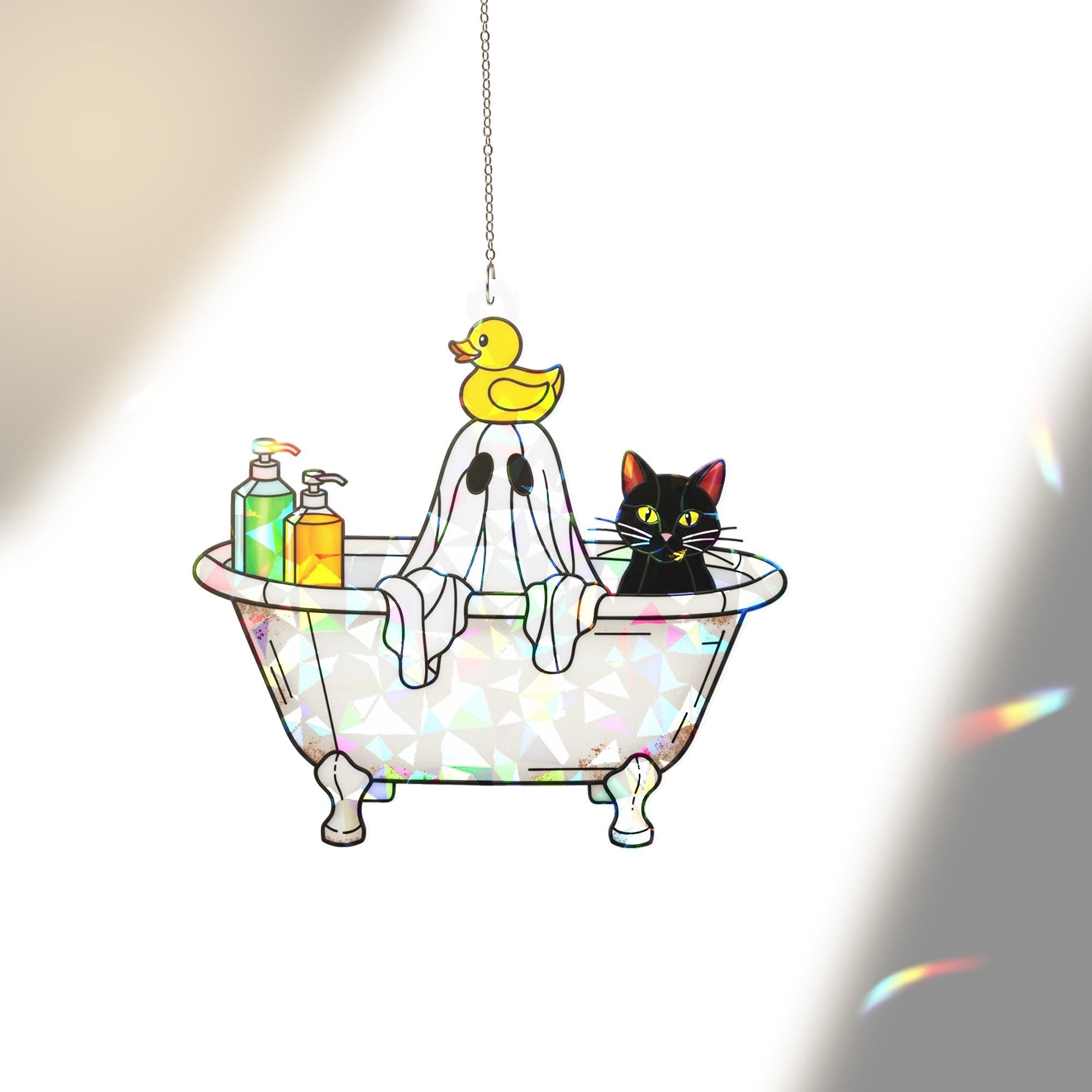 Halloween Ghost Bathtub Acrylic Suncatcher, Holographic Window Hanging, Cute Cat Ghost Decor, Spooky Bathroom Rainbow Maker