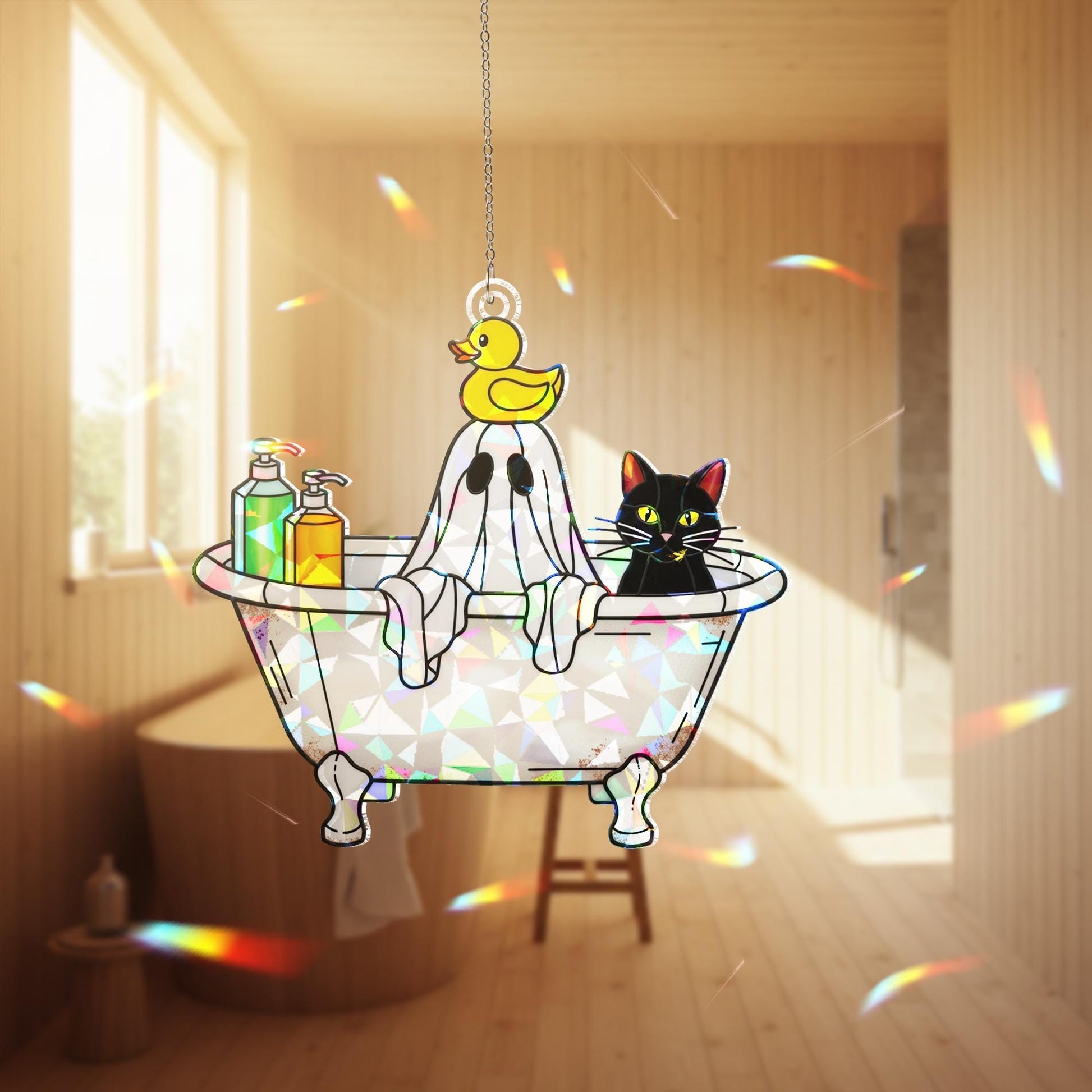 Halloween Ghost Bathtub Acrylic Suncatcher, Holographic Window Hanging, Cute Cat Ghost Decor, Spooky Bathroom Rainbow Maker