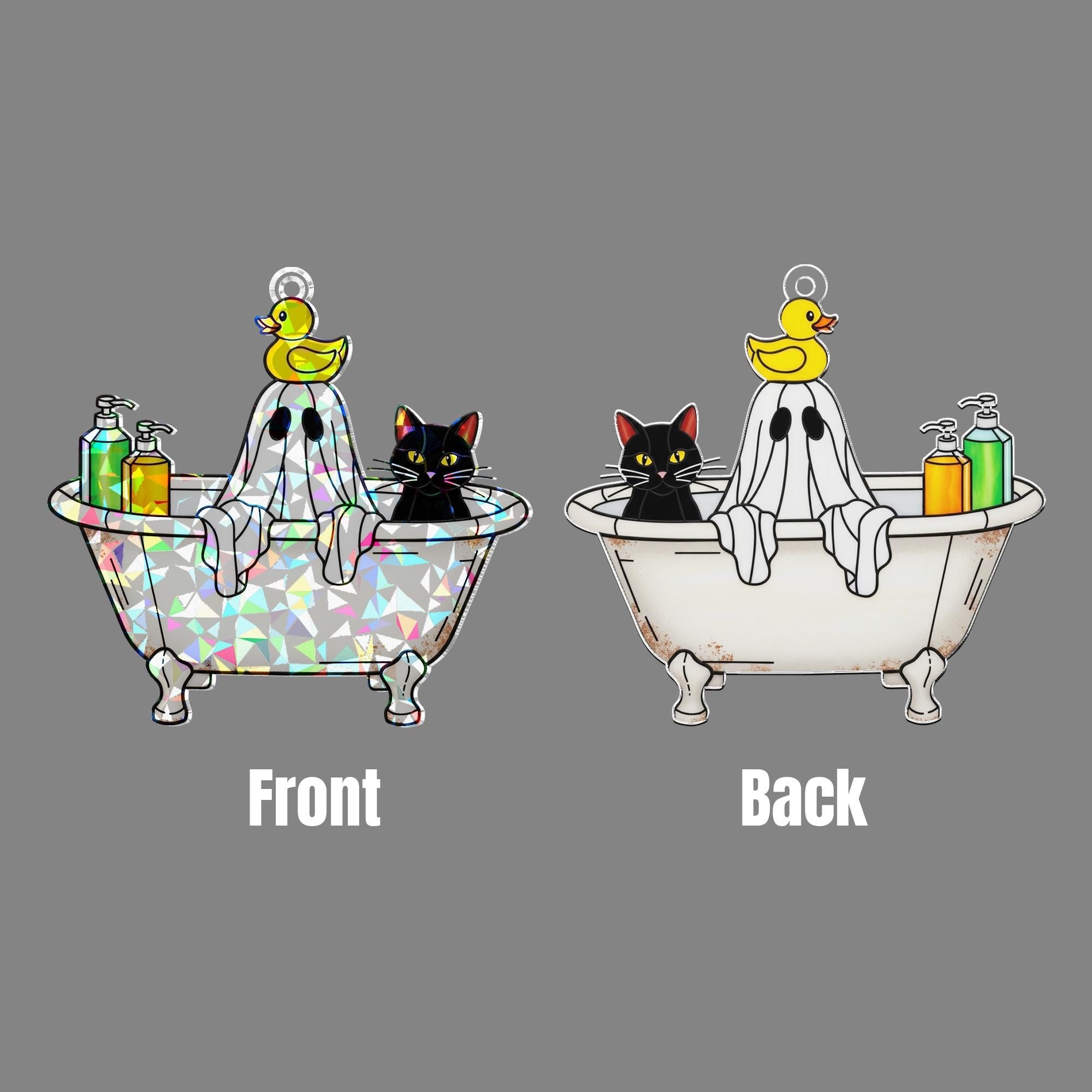 Halloween Ghost Bathtub Acrylic Suncatcher, Holographic Window Hanging, Cute Cat Ghost Decor, Spooky Bathroom Rainbow Maker