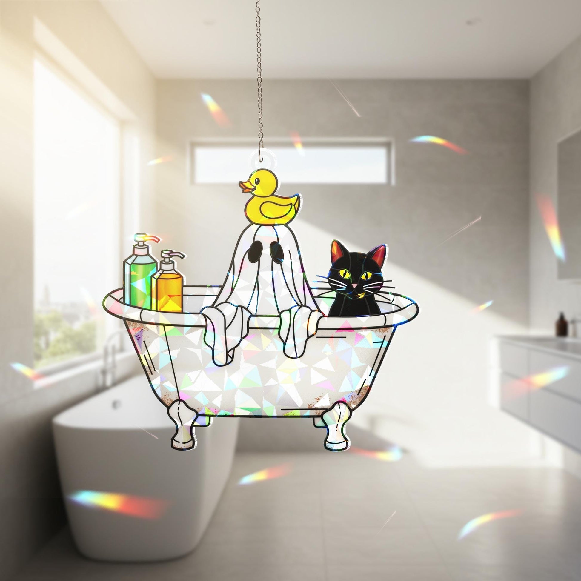 Halloween Ghost Bathtub Acrylic Suncatcher, Holographic Window Hanging, Cute Cat Ghost Decor, Spooky Bathroom Rainbow Maker