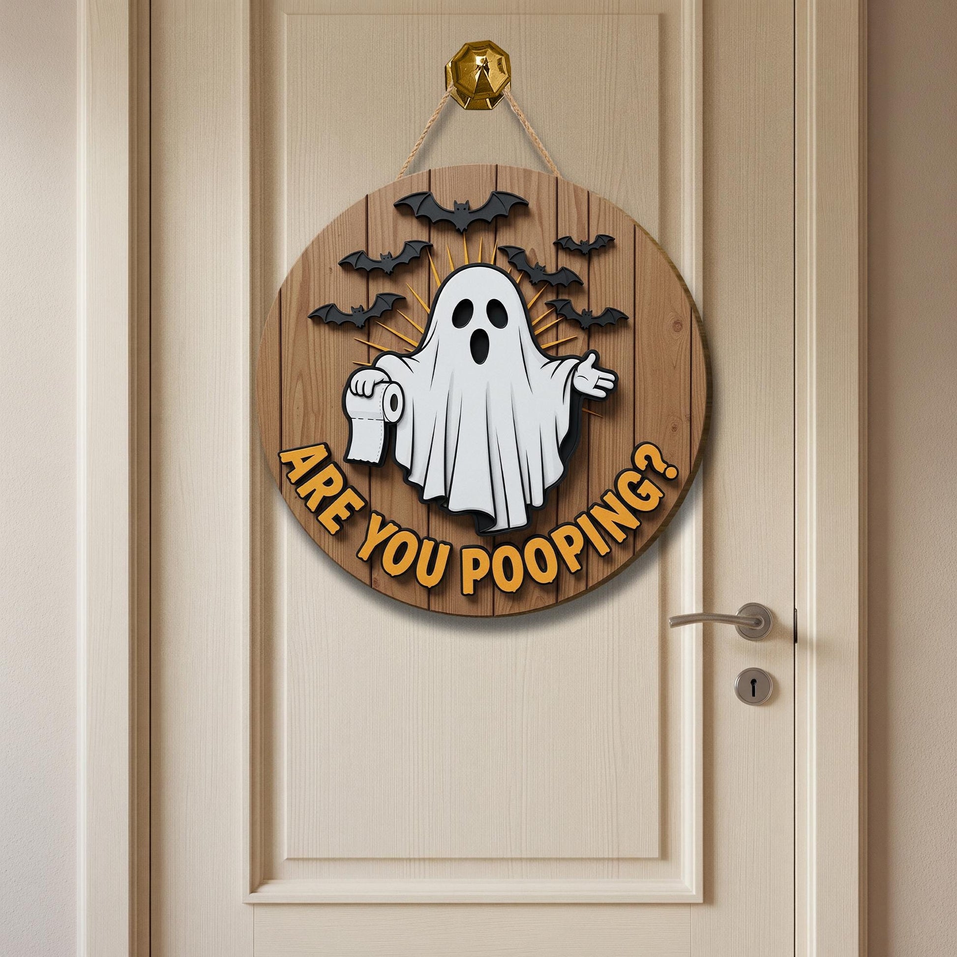 Funny Halloween Bathroom Sign, Are You Pooping Ghost Decor, 3D Wooden Door Hanger, Spooky Toilet Humor Wall Plaque