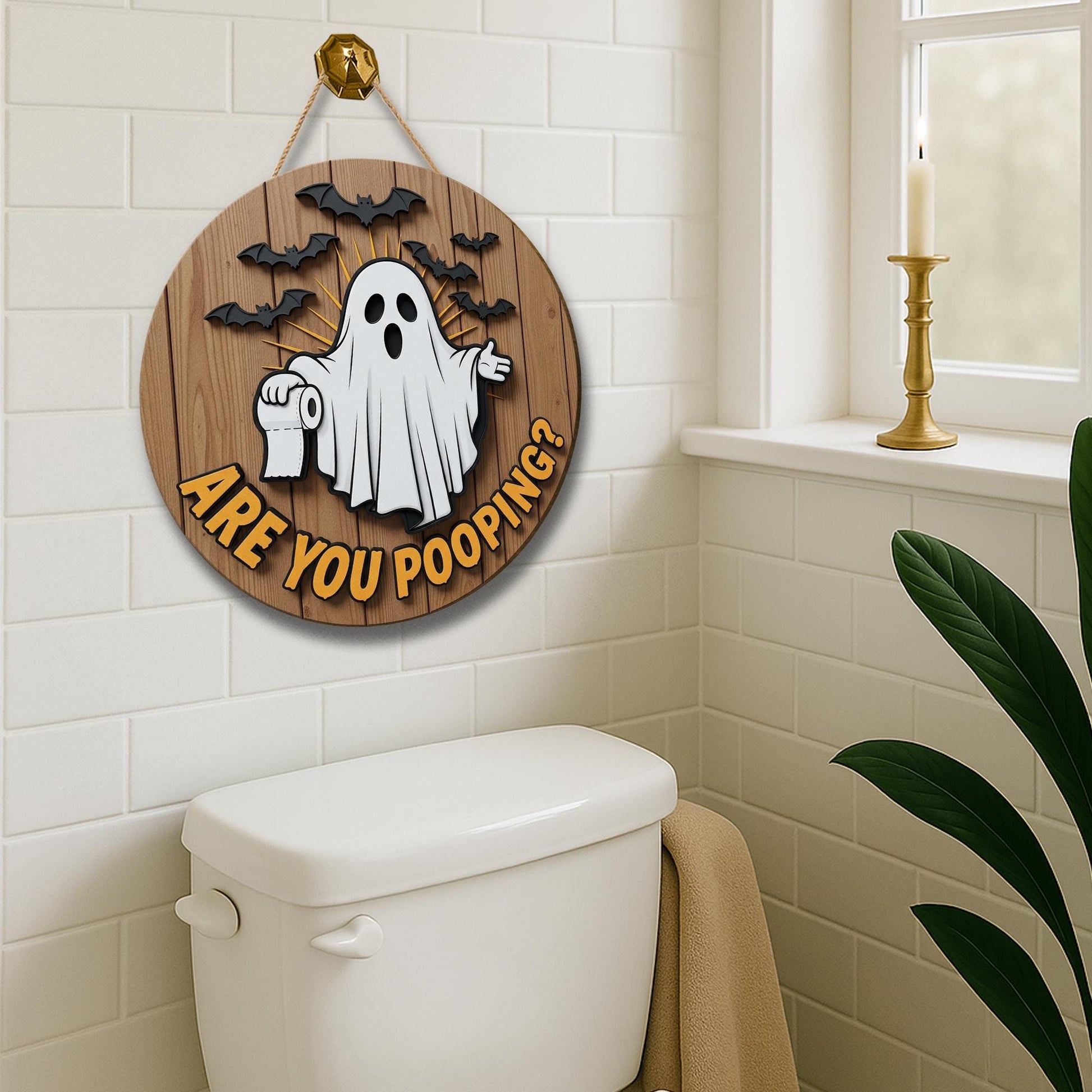 Funny Halloween Bathroom Sign, Are You Pooping Ghost Decor, 3D Wooden Door Hanger, Spooky Toilet Humor Wall Plaque
