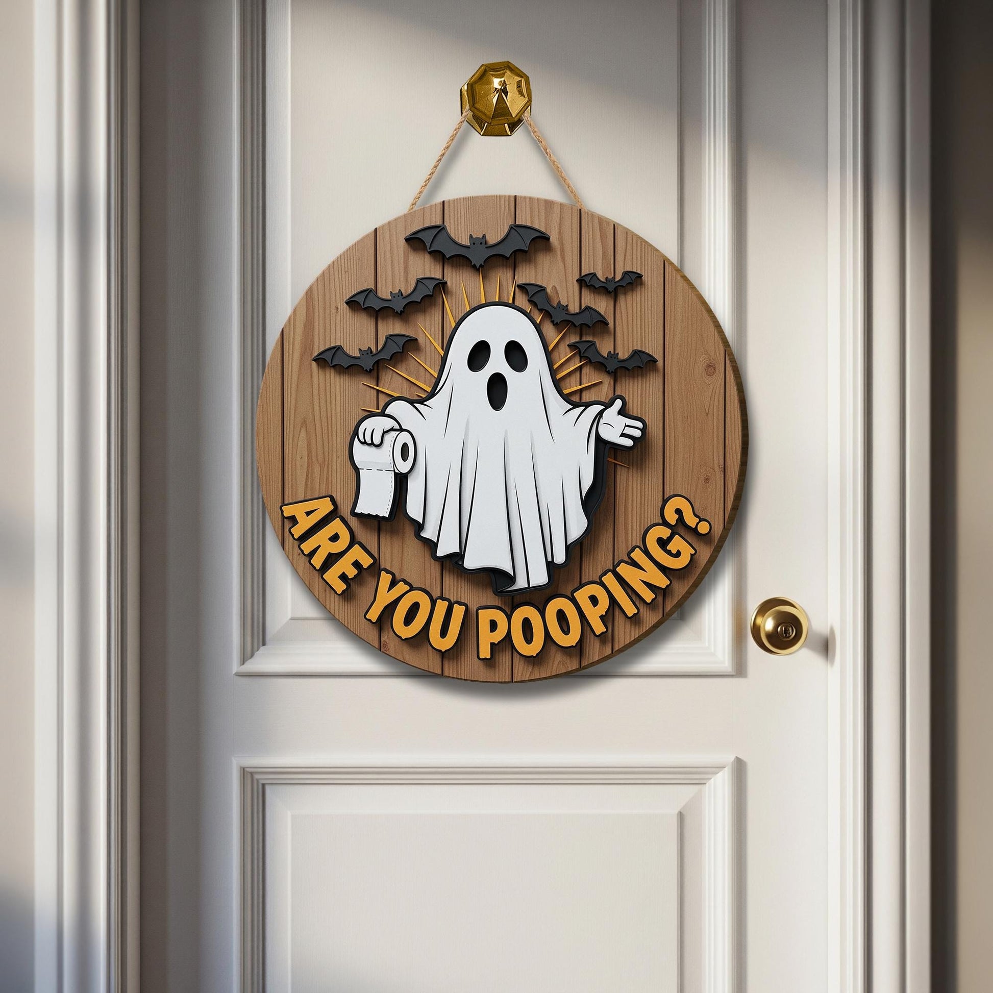 Funny Halloween Bathroom Sign, Are You Pooping Ghost Decor, 3D Wooden Door Hanger, Spooky Toilet Humor Wall Plaque