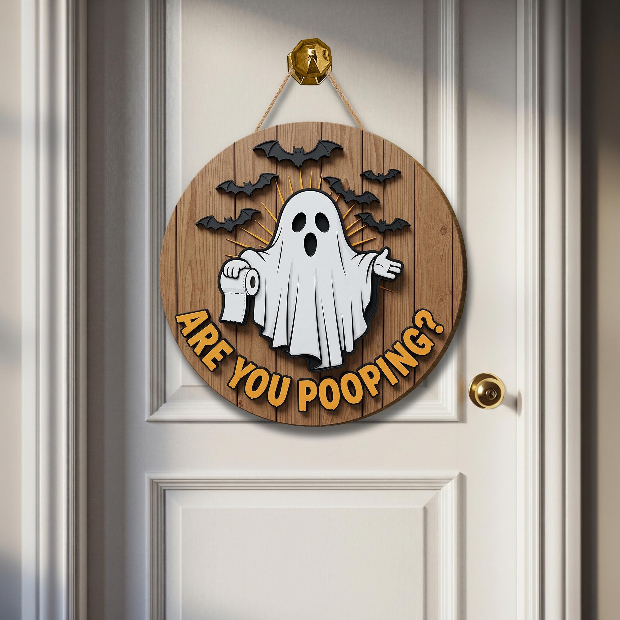 Funny Halloween Bathroom Sign, Are You Pooping Ghost Decor, 3D Wooden Door Hanger, Spooky Toilet Humor Wall Plaque