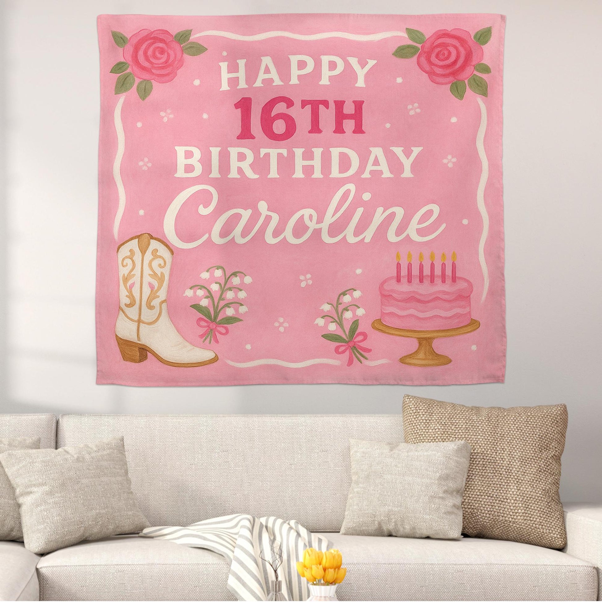 Sweet Girl Birthday Tapestry, Custom Name Pink Banner, Western Cowgirl Party Decor, Floral Cake Wall Hanging, Teen Girl Gift Sign,Bday decor