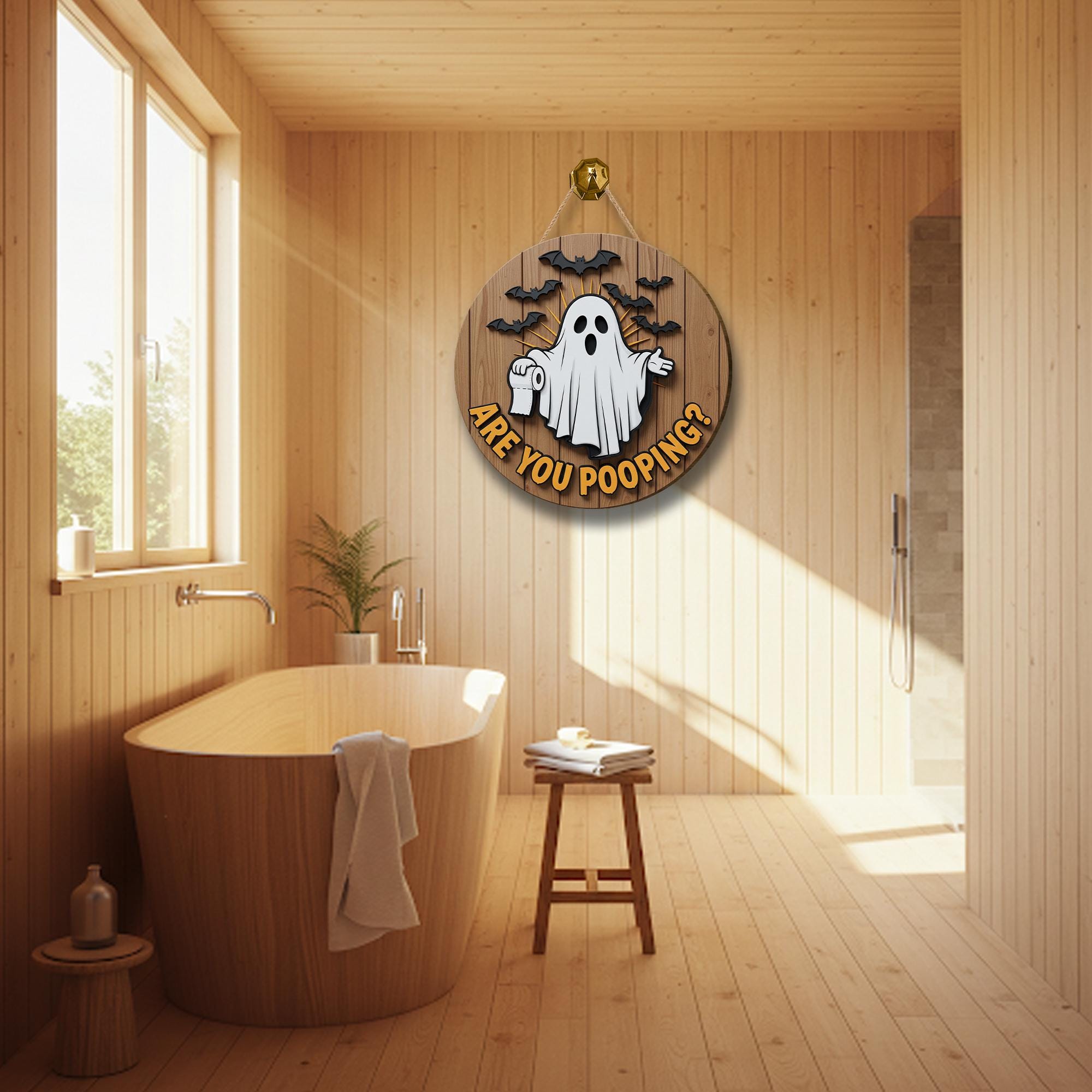 Funny Halloween Bathroom Sign, Are You Pooping Ghost Decor, 3D Wooden Door Hanger, Spooky Toilet Humor Wall Plaque