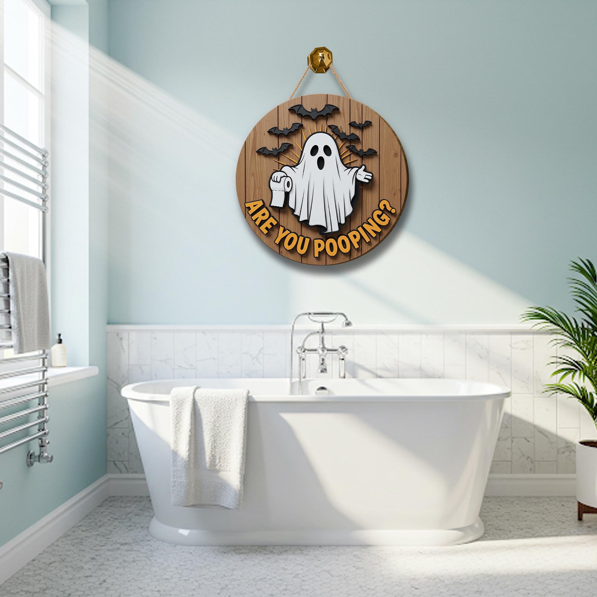 Funny Halloween Bathroom Sign, Are You Pooping Ghost Decor, 3D Wooden Door Hanger, Spooky Toilet Humor Wall Plaque