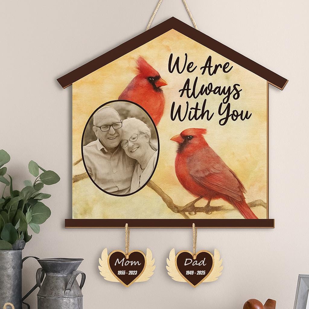 Personalized Cardinal Memorial Sign, Custom Photo Sympathy Gift for Loss of Parents, In Loving Memory Plaque with Names & Dates