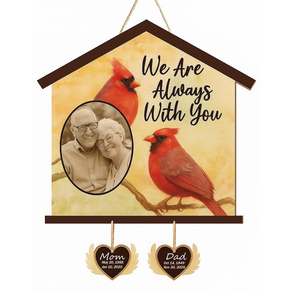 Personalized Cardinal Memorial Sign, Custom Photo Sympathy Gift for Loss of Parents, In Loving Memory Plaque with Names & Dates