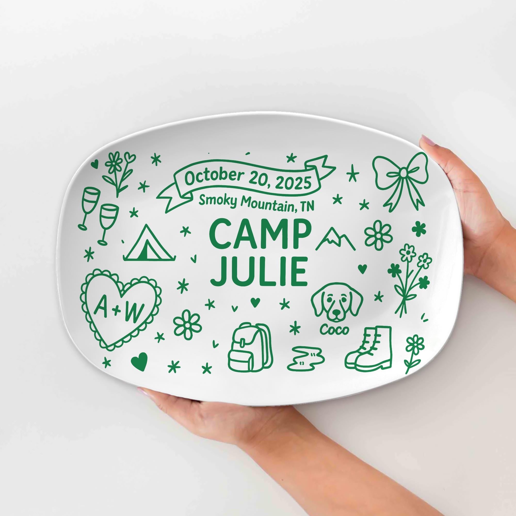 Custom Wedding Camp Platter, Personalized Engagement or Elopement Gift, Camp Themed Bridal Keepsake, Custom camp Picnic Plate DECOR only
