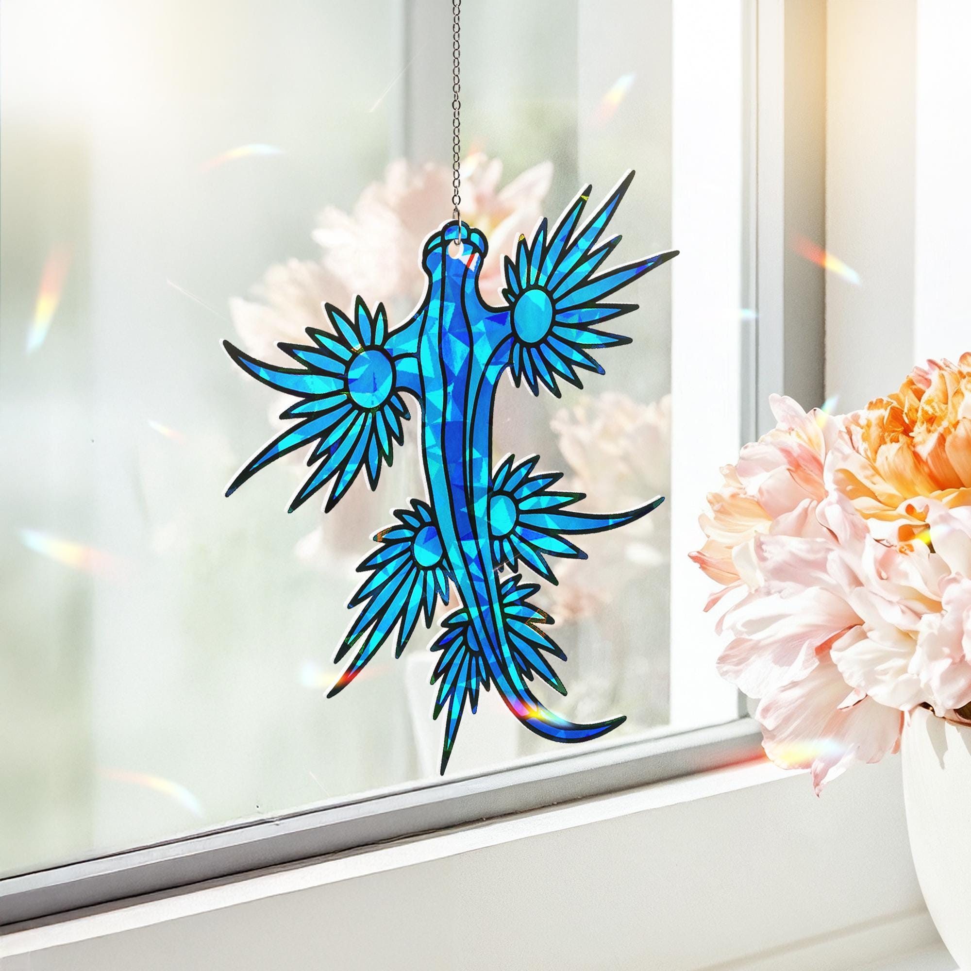Blue Dragon Suncatcher, Holographic Acrylic Fantasy Sun Catcher, Sea Dragon Window Decor, Mythical Creature Gift for Dragon Lovers