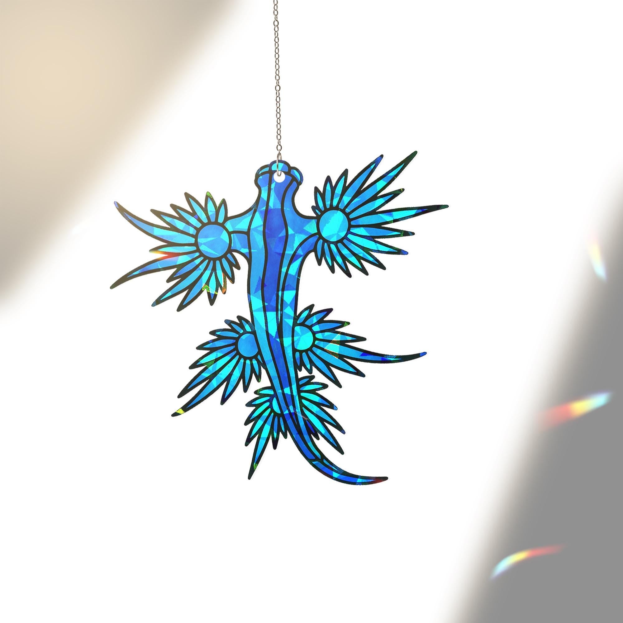 Blue Dragon Suncatcher, Holographic Acrylic Fantasy Sun Catcher, Sea Dragon Window Decor, Mythical Creature Gift for Dragon Lovers