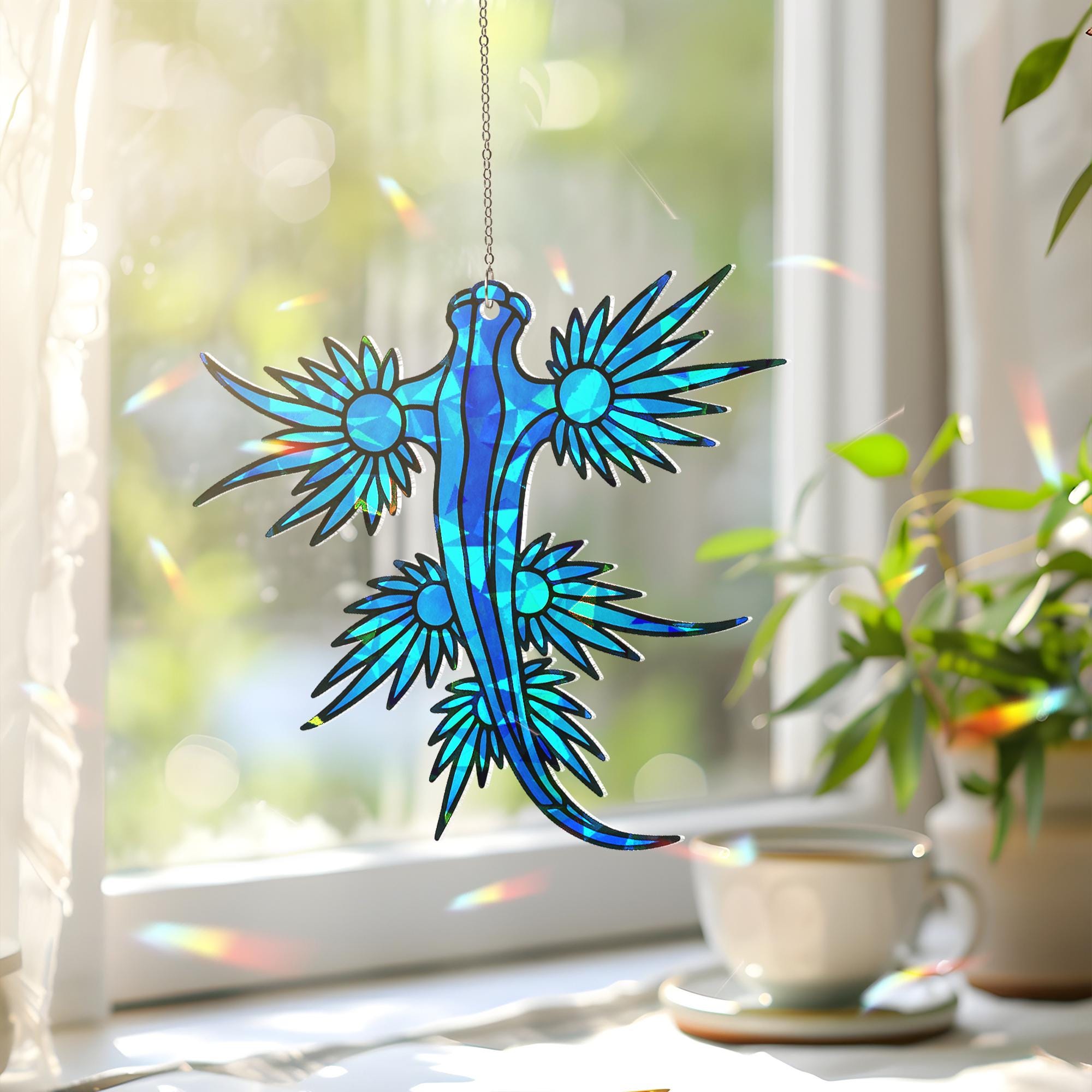 Blue Dragon Suncatcher, Holographic Acrylic Fantasy Sun Catcher, Sea Dragon Window Decor, Mythical Creature Gift for Dragon Lovers