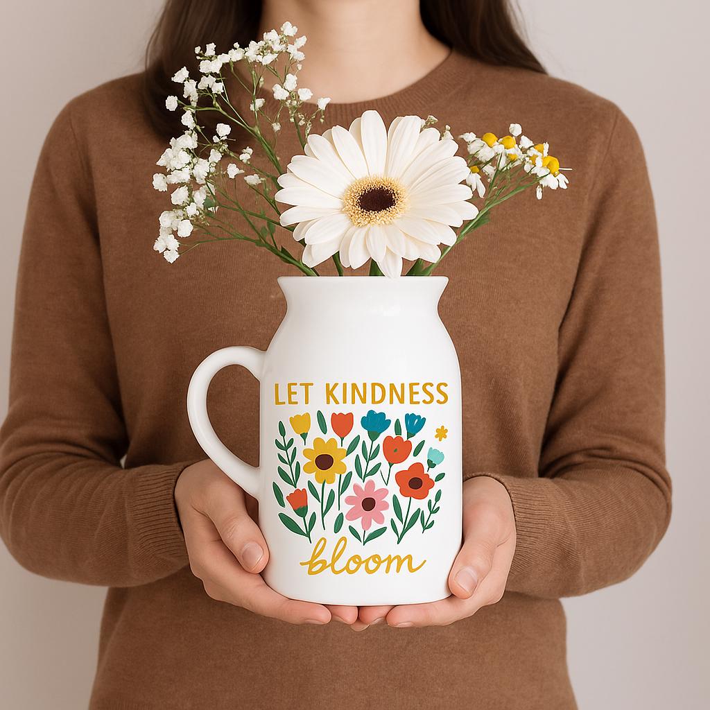 Let Kindness Bloom Planter – Colorful Floral Ceramic Pot with Succulent – Positive Quote Indoor Plant Decor – Gift for Her, Boho Plant Lover