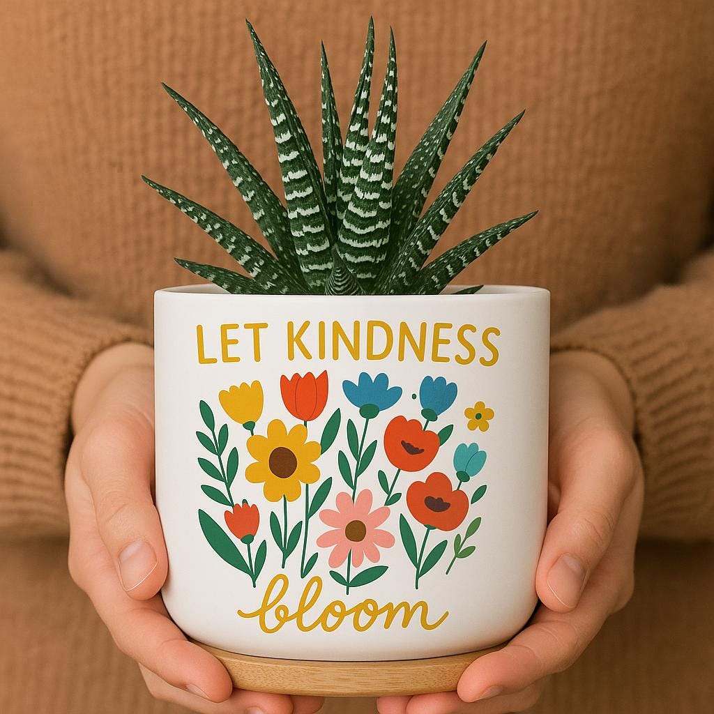 Let Kindness Bloom Planter – Colorful Floral Ceramic Pot with Succulent – Positive Quote Indoor Plant Decor – Gift for Her, Boho Plant Lover