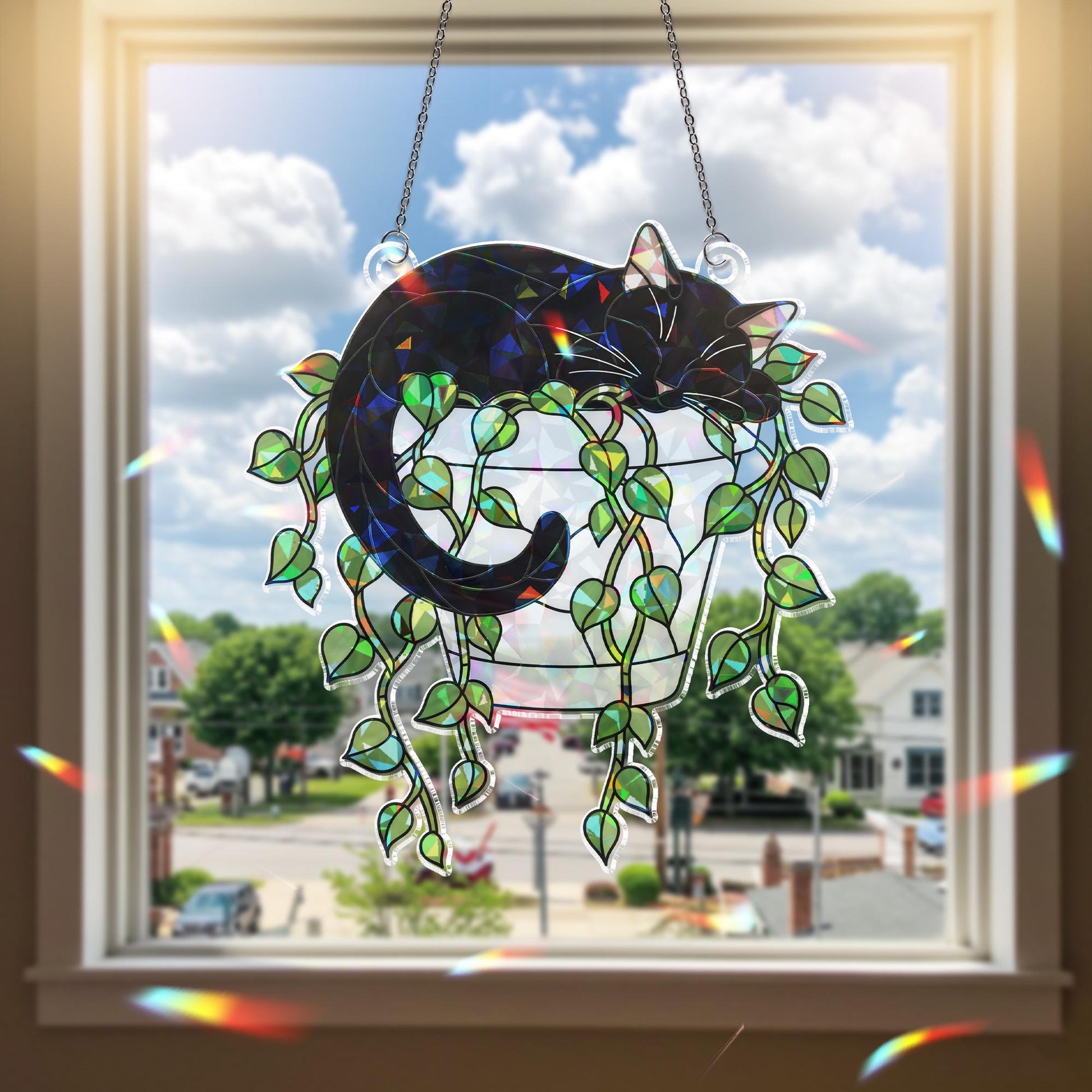 Holographic Cat Suncatcher, Trailing Vines Plant Decor, Black Cat in Planter, Acrylic Window Hanging for Cat Moms & Plant Lovers