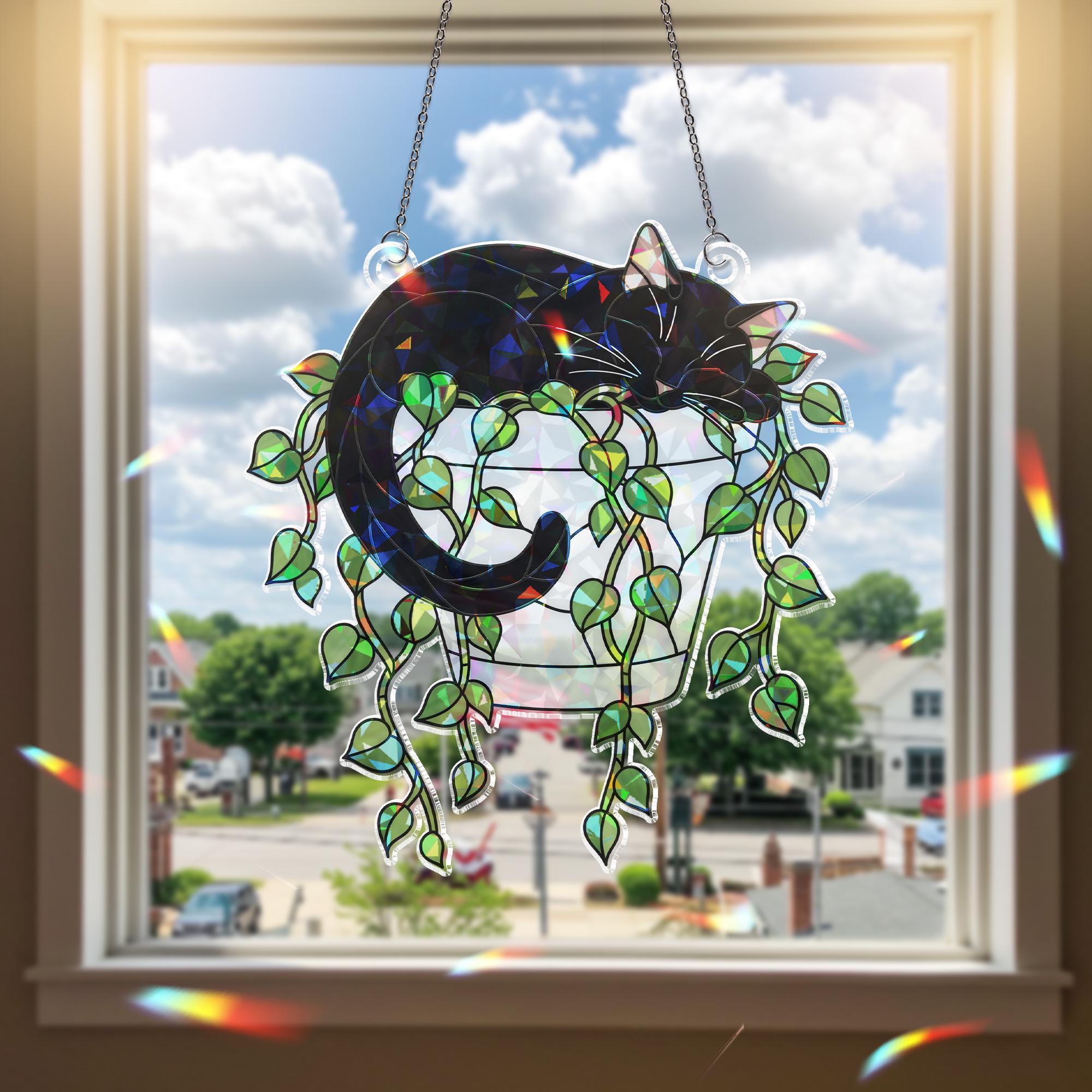 Holographic Cat Suncatcher, Trailing Vines Plant Decor, Black Cat in Planter, Acrylic Window Hanging for Cat Moms & Plant Lovers