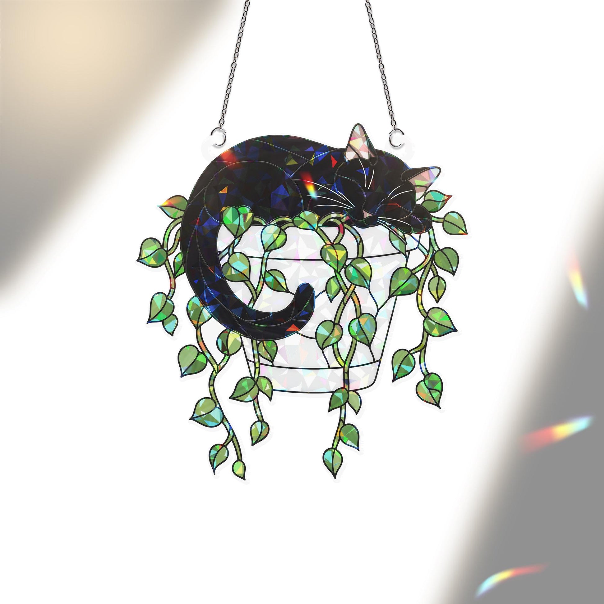 Holographic Cat Suncatcher, Trailing Vines Plant Decor, Black Cat in Planter, Acrylic Window Hanging for Cat Moms & Plant Lovers
