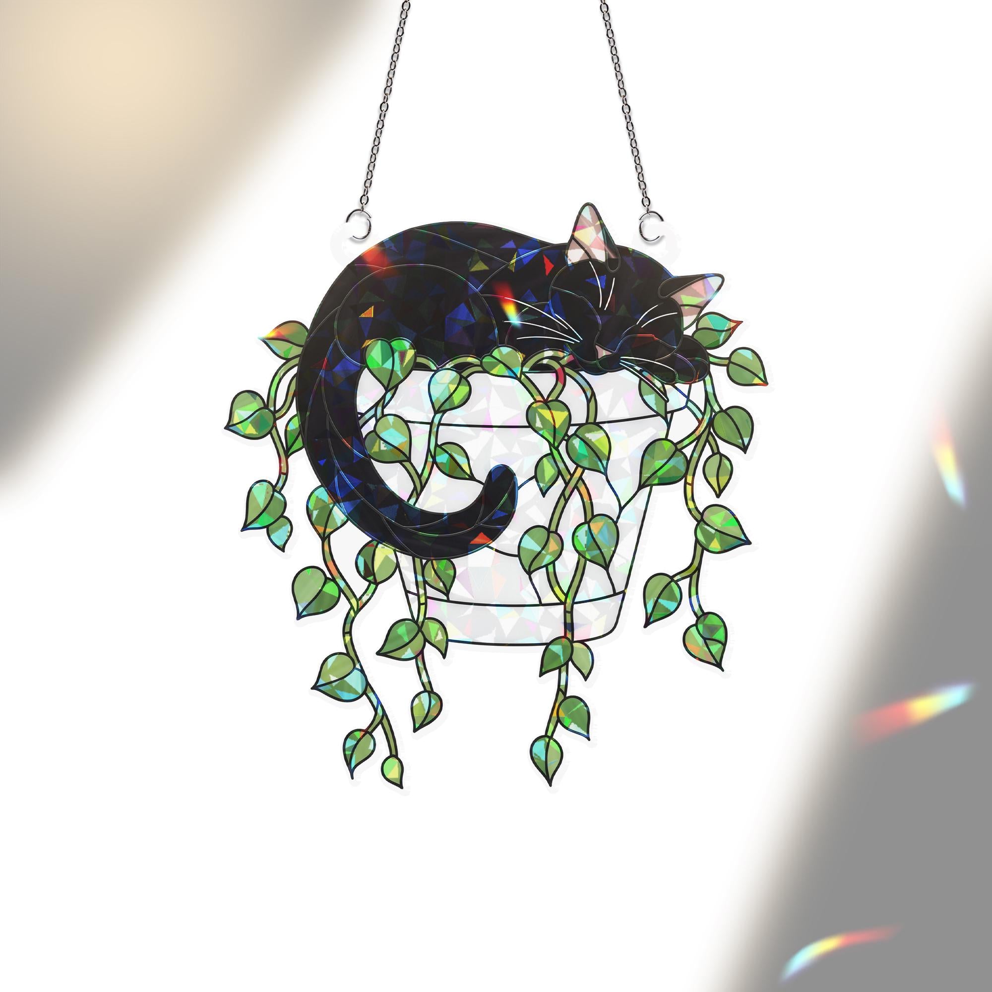 Holographic Cat Suncatcher, Trailing Vines Plant Decor, Black Cat in Planter, Acrylic Window Hanging for Cat Moms & Plant Lovers