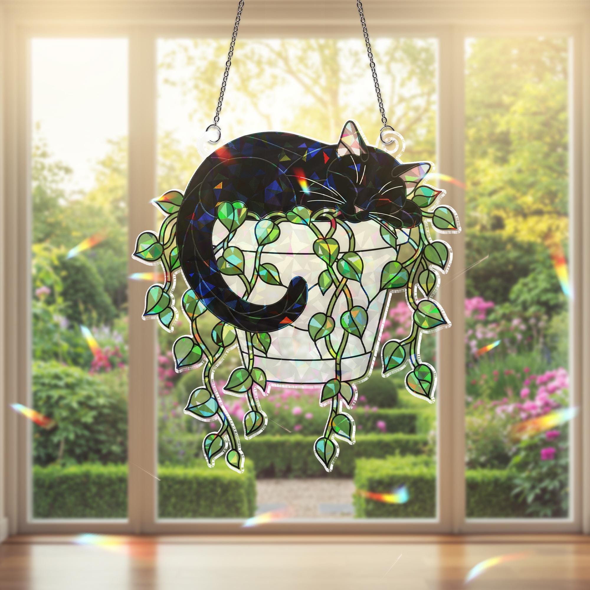 Holographic Cat Suncatcher, Trailing Vines Plant Decor, Black Cat in Planter, Acrylic Window Hanging for Cat Moms & Plant Lovers
