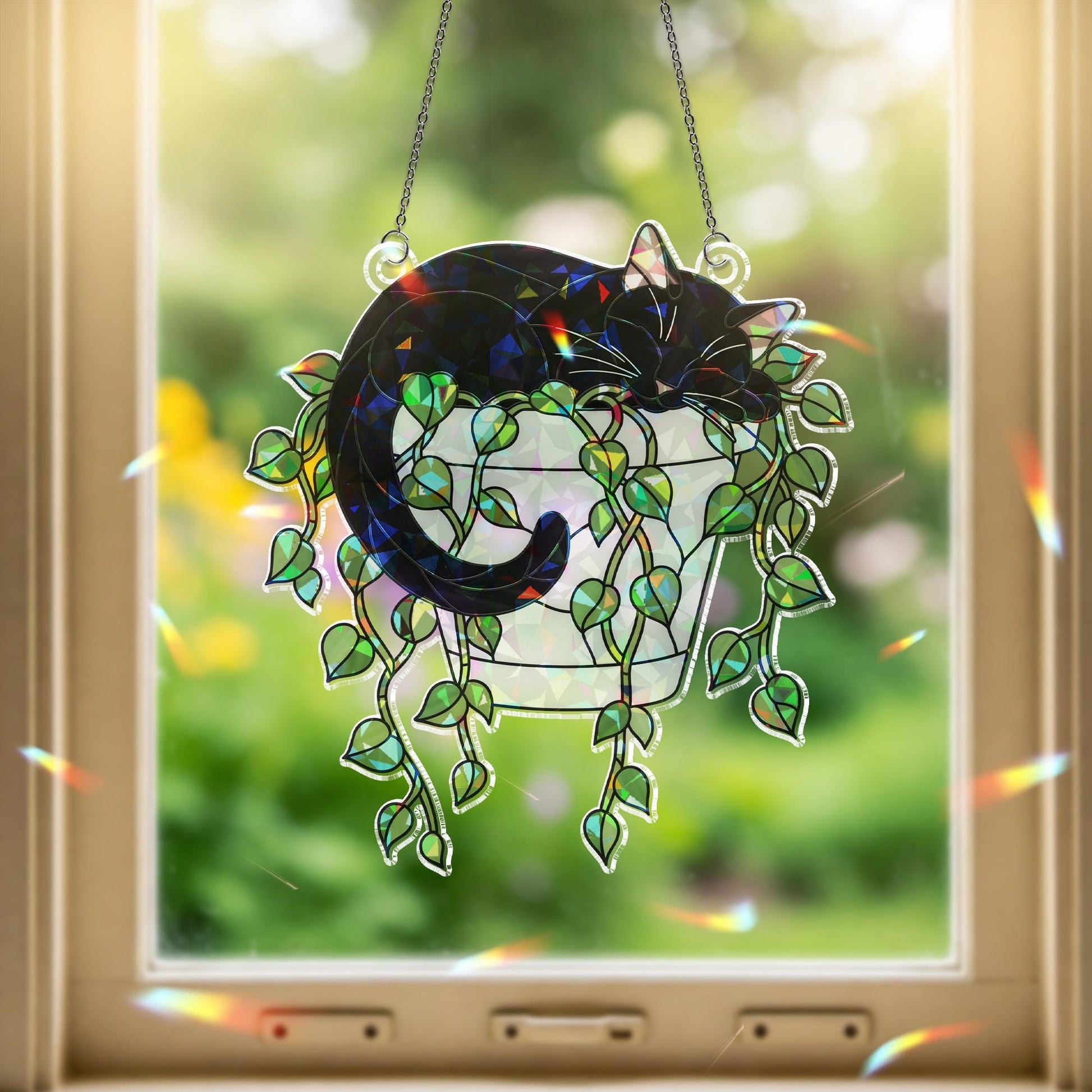 Holographic Cat Suncatcher, Trailing Vines Plant Decor, Black Cat in Planter, Acrylic Window Hanging for Cat Moms & Plant Lovers