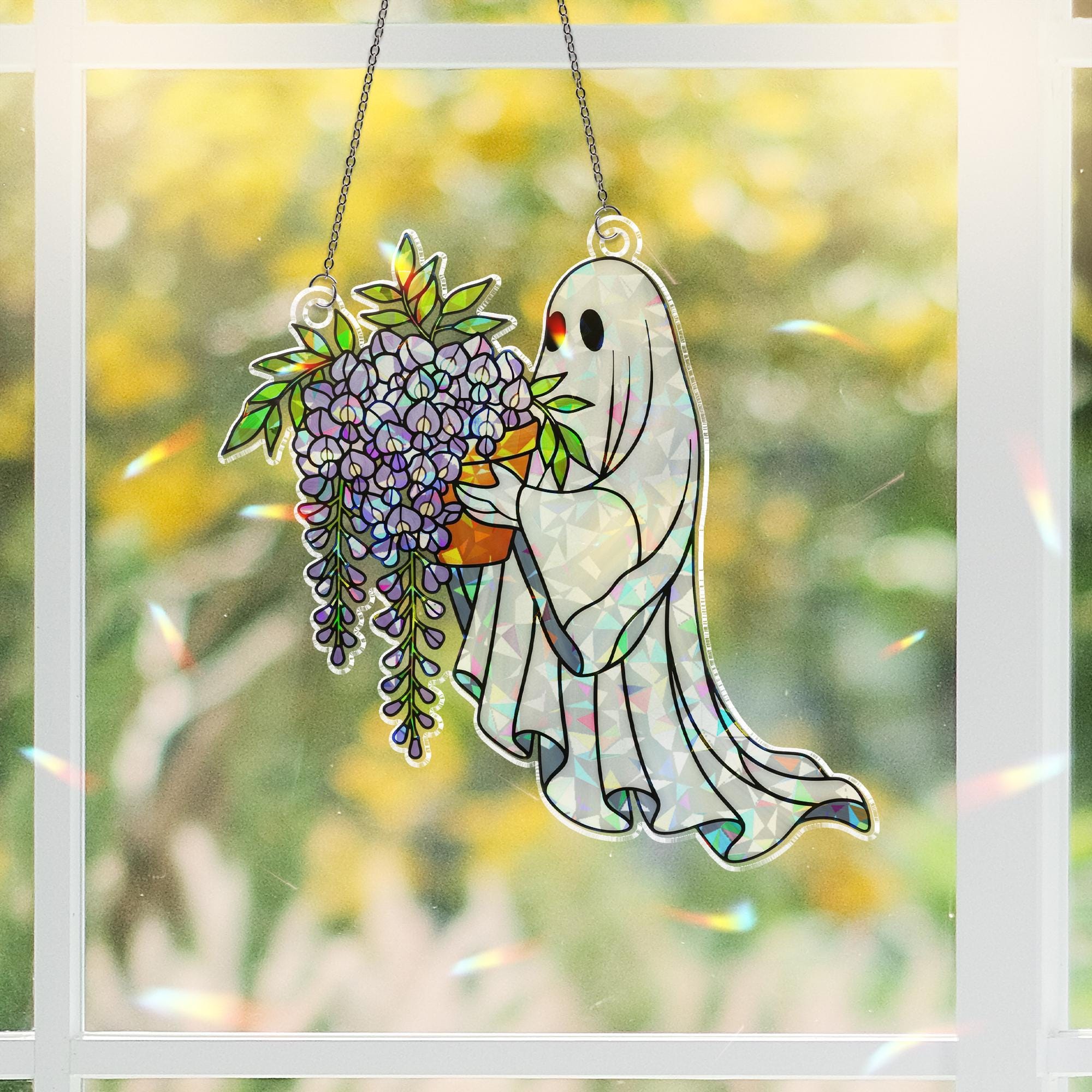 Ghost with Wisteria Suncatcher, Holographic Acrylic Ghost Window Decor, Cottagecore Trailing Vine Sun Catcher, Spooky Cute Gift