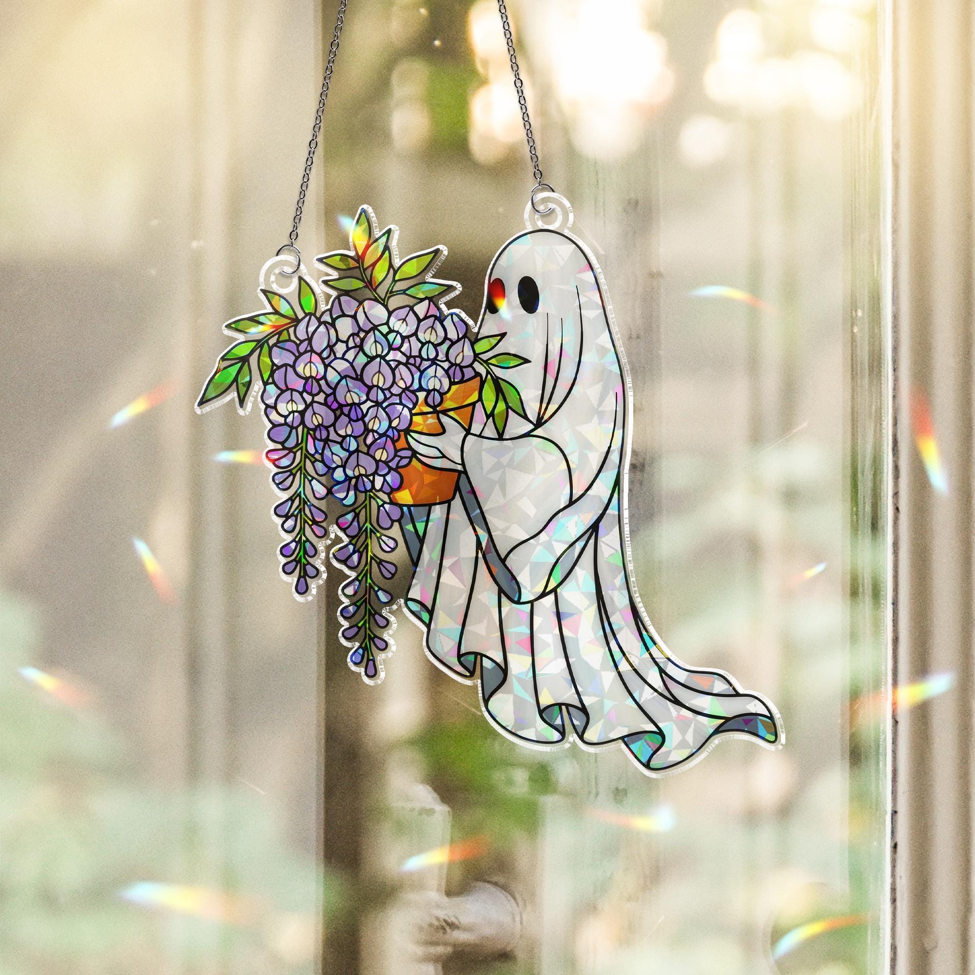 Ghost with Wisteria Suncatcher, Holographic Acrylic Ghost Window Decor, Cottagecore Trailing Vine Sun Catcher, Spooky Cute Gift