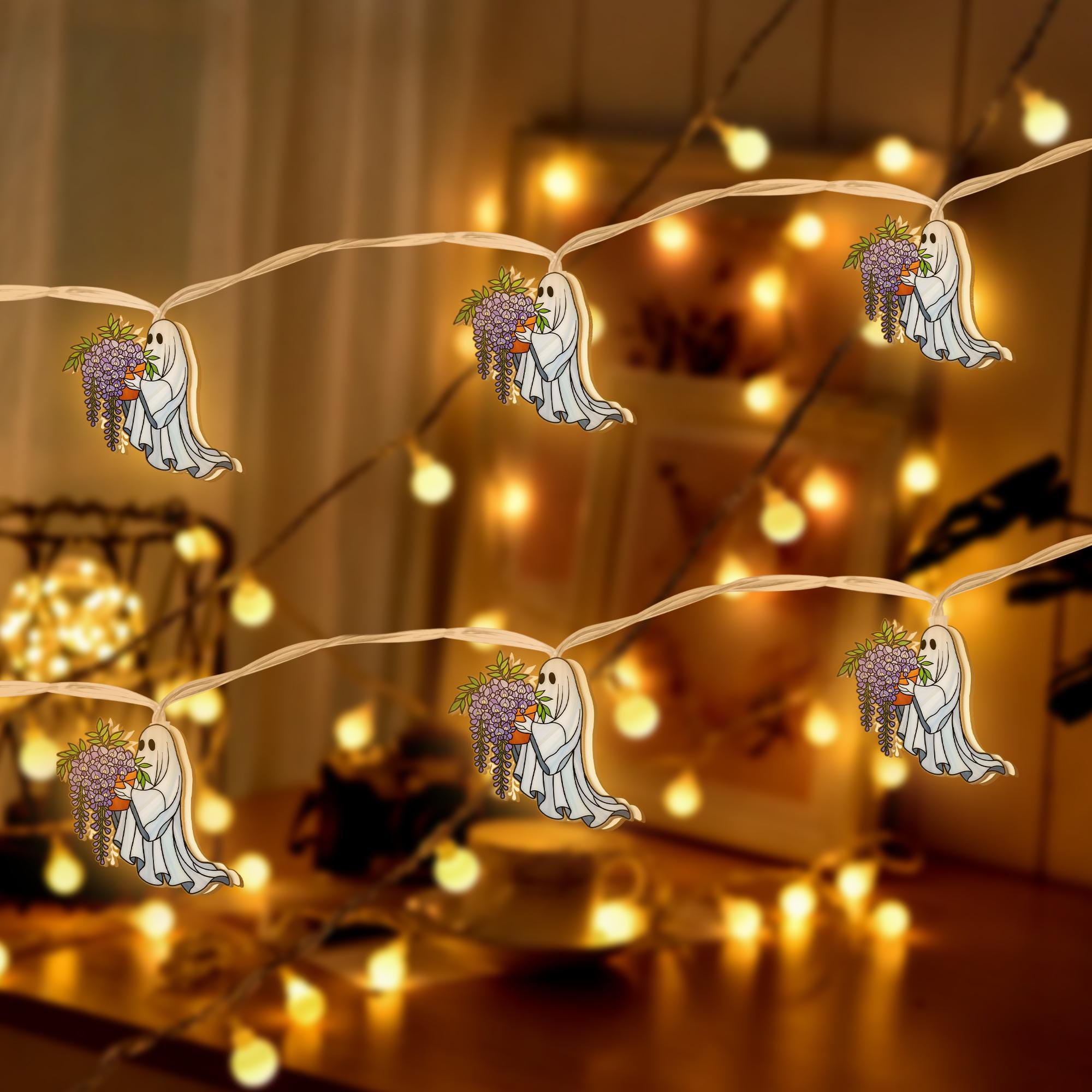 Ghost Wisteria String Lights, Spooky Cute LED Garland, Trailing Vines Halloween Decor, Cottagecore Ghost Fairy Lights, Plant Lover Gift