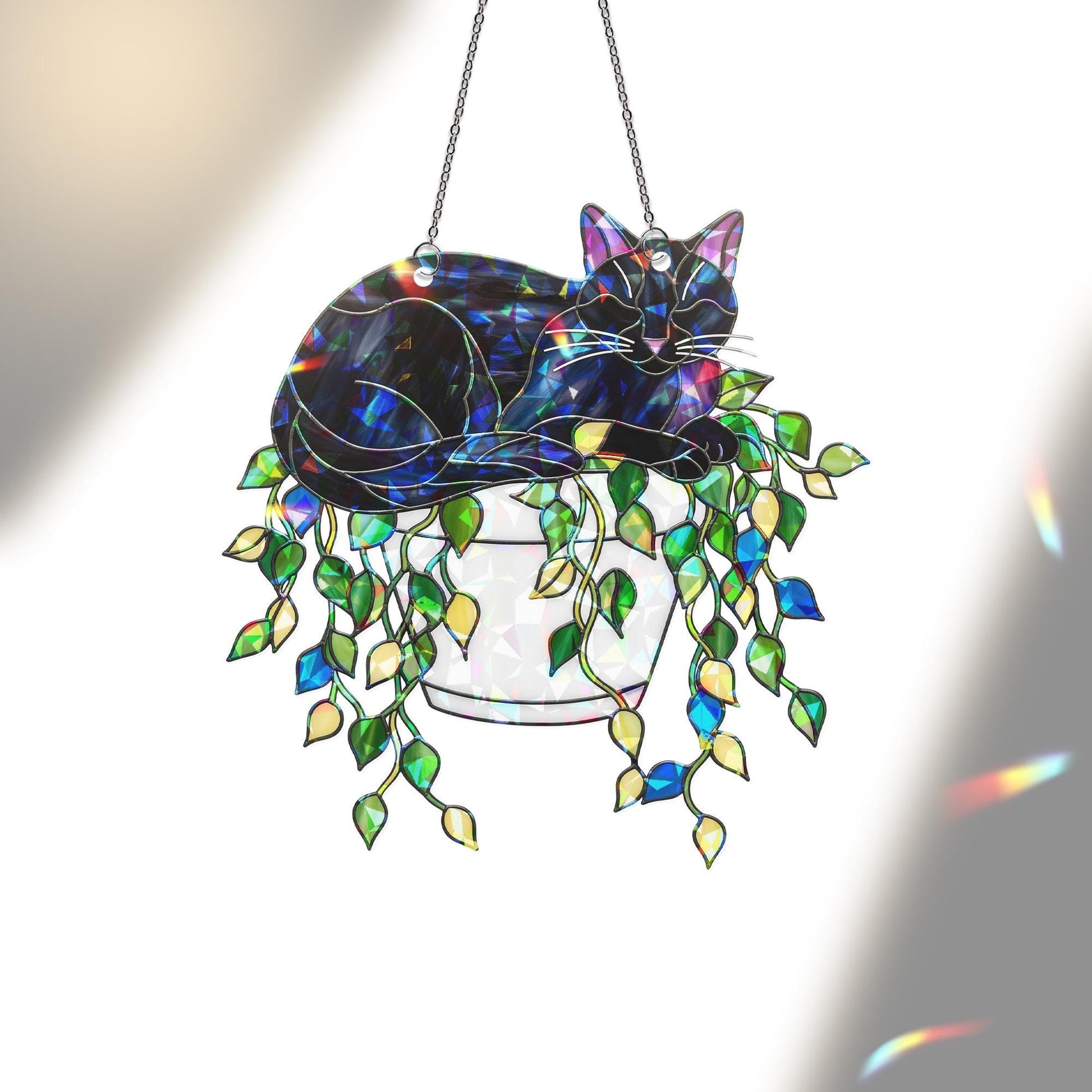 Holographic Cat Suncatcher, Black Cat in Hanging Pot, Acrylic Window Decor with Trailing Vines, Cottagecore Plant Lover Gift
