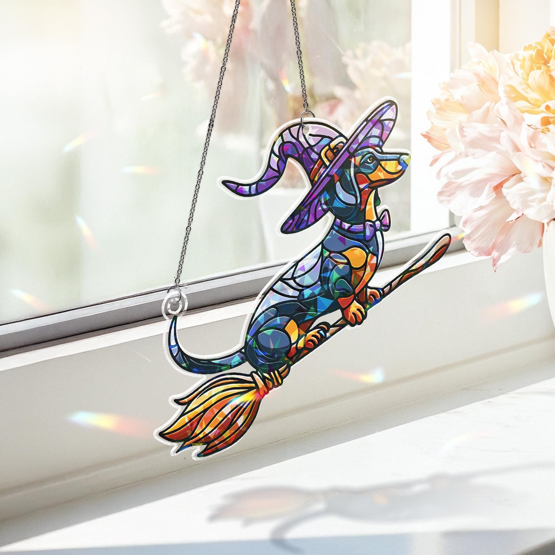 Witchy Dachshund Suncatcher, Holographic Acrylic Halloween Window Decor, Flying Sausage Dog on Broom, Cute Spooky Pup Gift