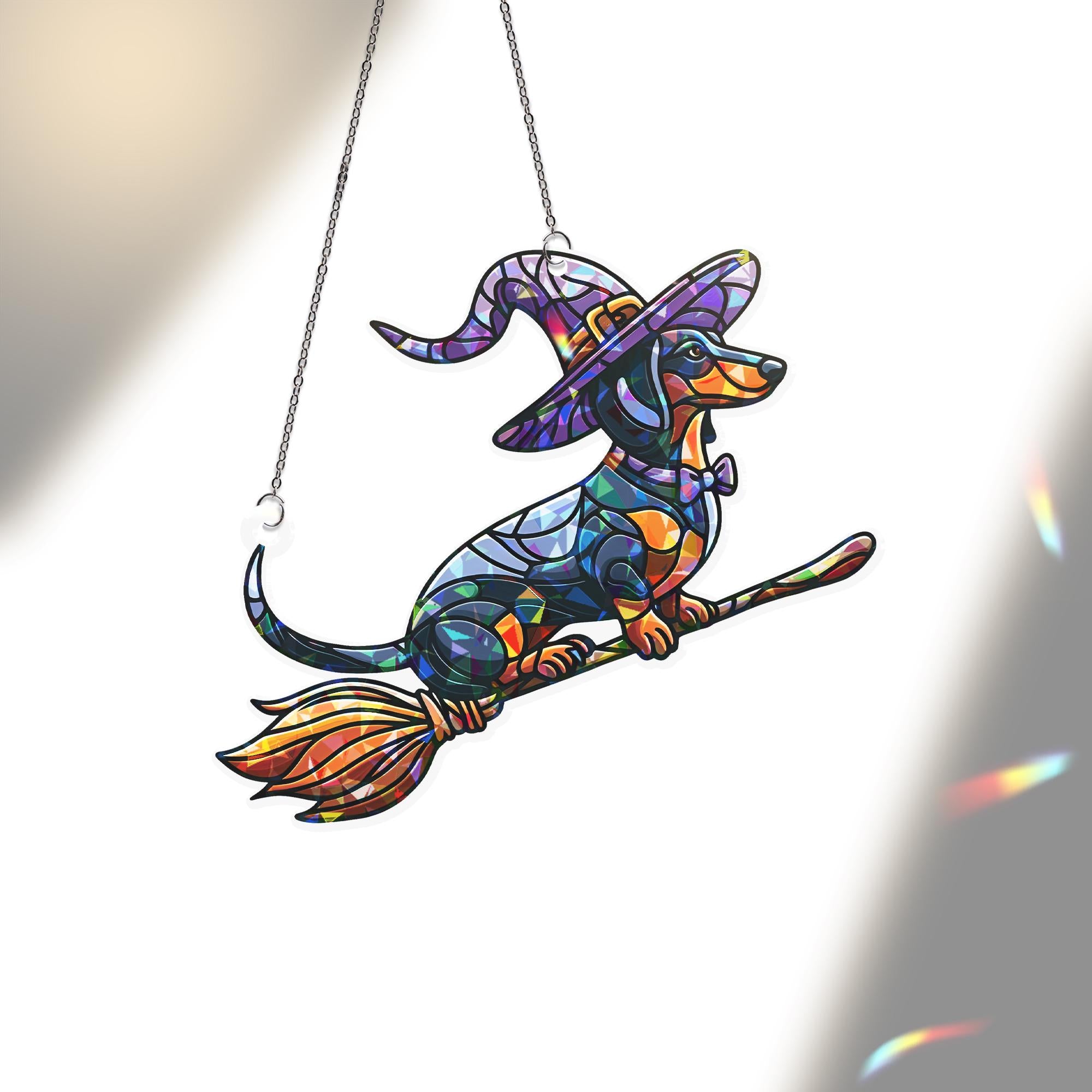 Witchy Dachshund Suncatcher, Holographic Acrylic Halloween Window Decor, Flying Sausage Dog on Broom, Cute Spooky Pup Gift