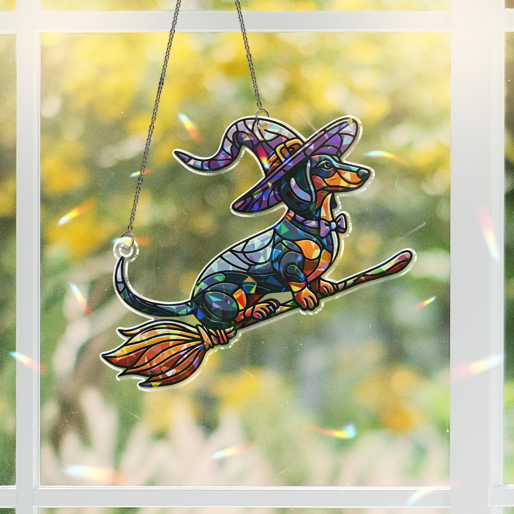 Witchy Dachshund Suncatcher, Holographic Acrylic Halloween Window Decor, Flying Sausage Dog on Broom, Cute Spooky Pup Gift